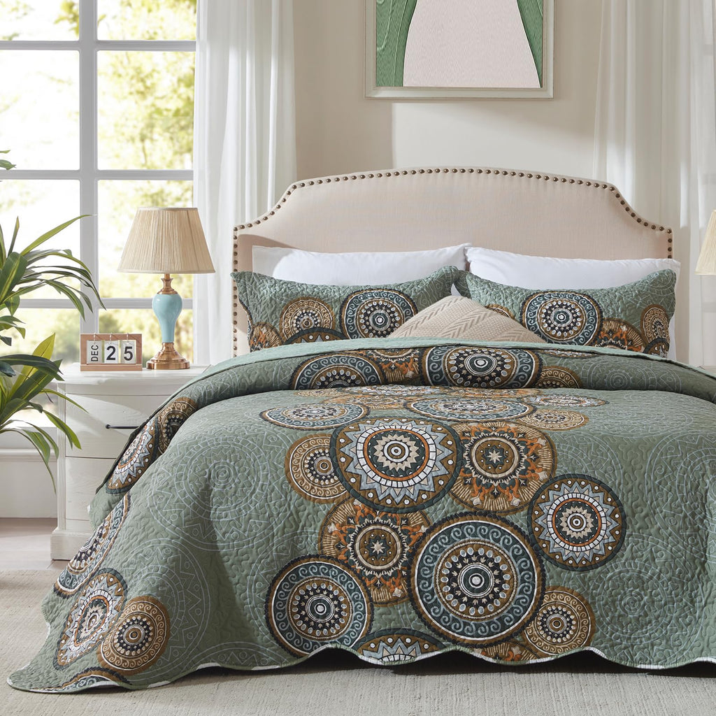 Leaonme 3-Piece Full Queen Size Olive Green Quilt Set Lightweight Oversized Bedspread 90''X98'' Soft Microfiber Floral Coverlet
