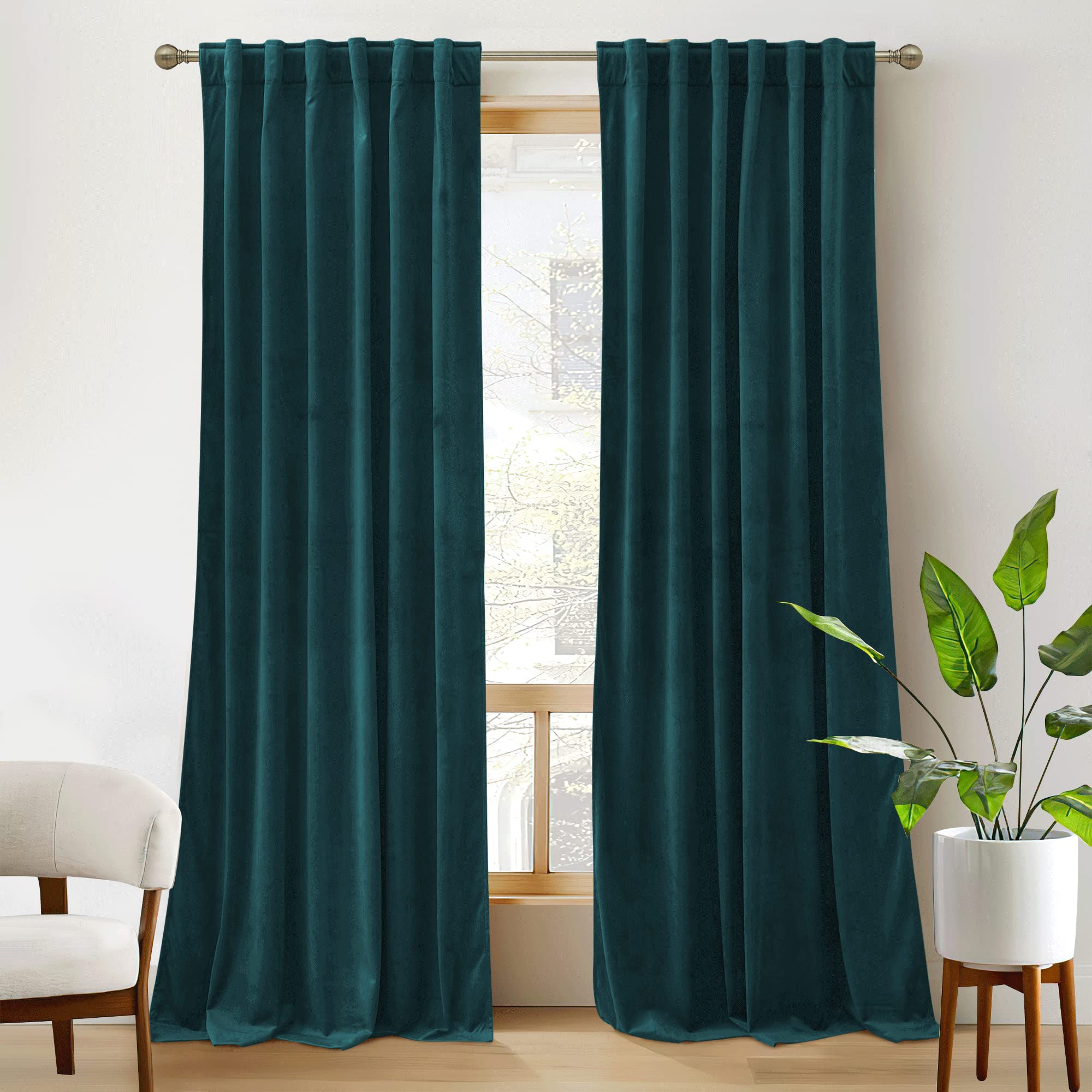 Ryb Home Velvet Curtains 2 Panels Set 90 Inches - Super Soft Durable Window Drapes Room Darkening Energy Smart Back Tab For Apartment Villa Room Backdrops, Peacock Blue, W52 X L90, 2 Panels