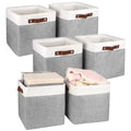 OMISTAR 6 Pcs Fabric Storage Cubes, 11x11 in Foldable Storage Bins with PU Leather Handles, Gray and White Closet Organizers Bas
