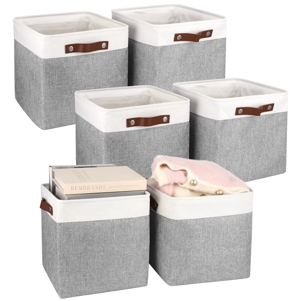 OMISTAR 6 Pcs Fabric Storage Cubes, 11x11 in Foldable Storage Bins with PU Leather Handles, Gray and White Closet Organizers Bas