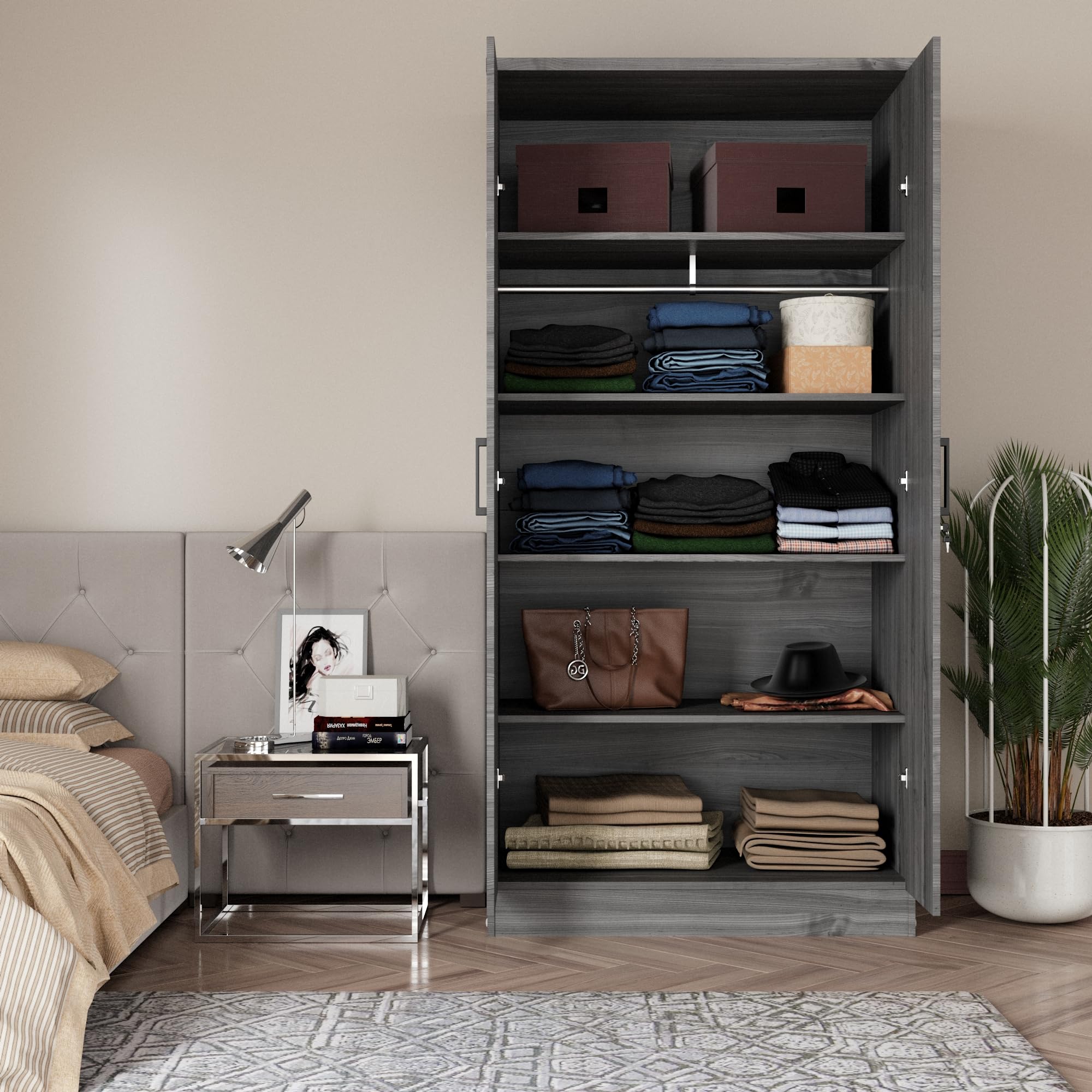 Woodpeckers Furniture And Mattress 2 Doors Wardrobe with Shelves (Grey)