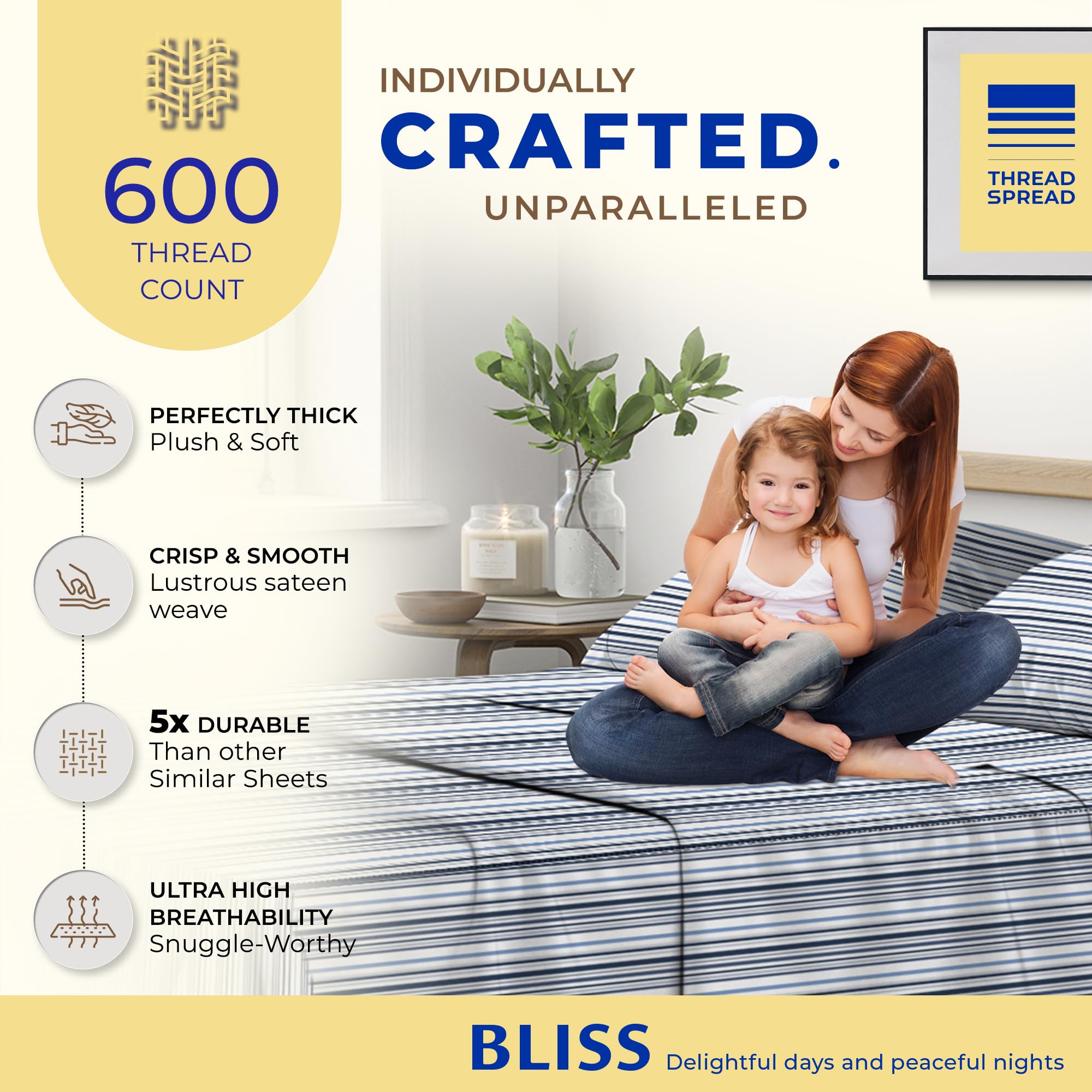 Thread Spread 100% Egyptian Cotton Printed Bed Sheets - 600 Thread Count 4 Pc Queen Sheet Set, Hotel Luxury Sateen Bedsheets, 16' Deep Pocket Soft Cooling Sheets For Queen Size Bed - Variegated Stripe