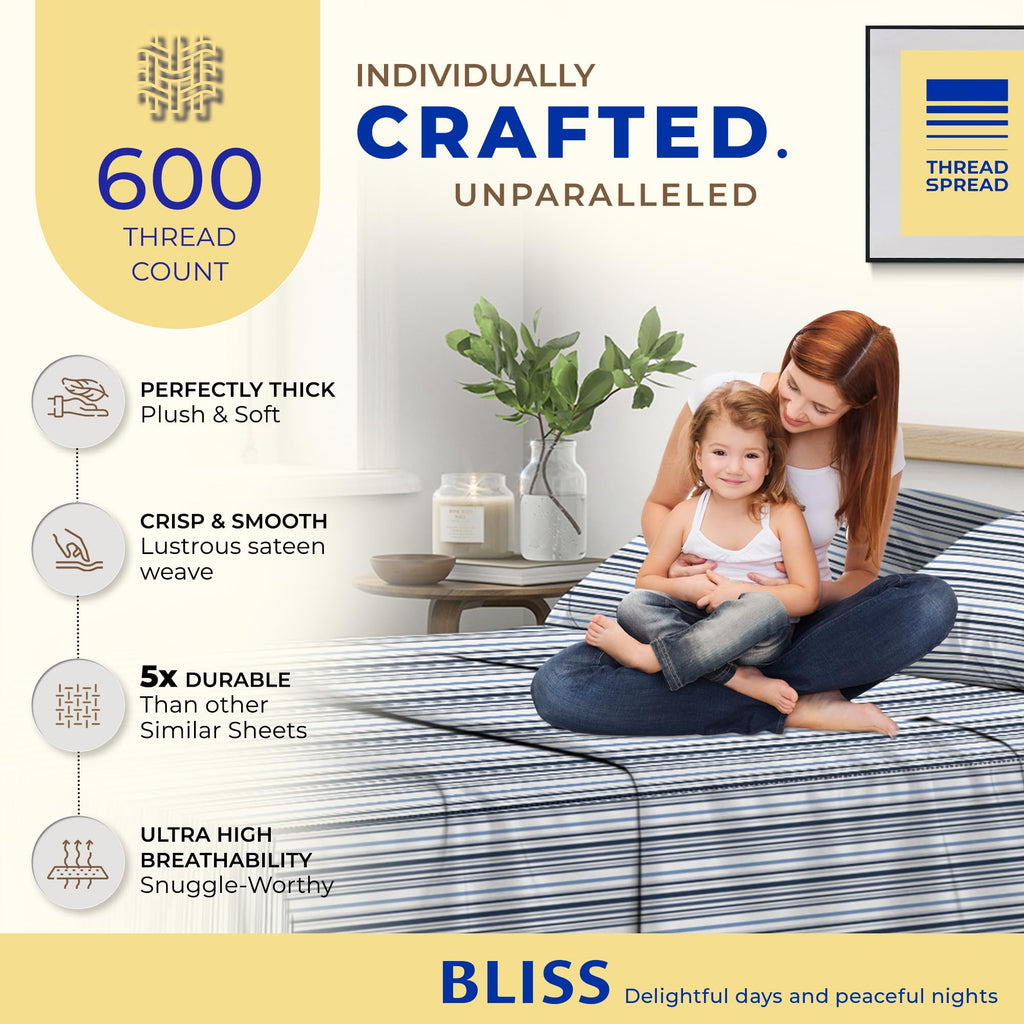Thread Spread 100% Egyptian Cotton Printed Bed Sheets - 600 Thread Count 4 Pc King Sheet Set, Hotel Luxury Sateen Bedsheets, 16' Deep Pocket Soft Cooling Sheets For King Size Bed - Variegated Stripe