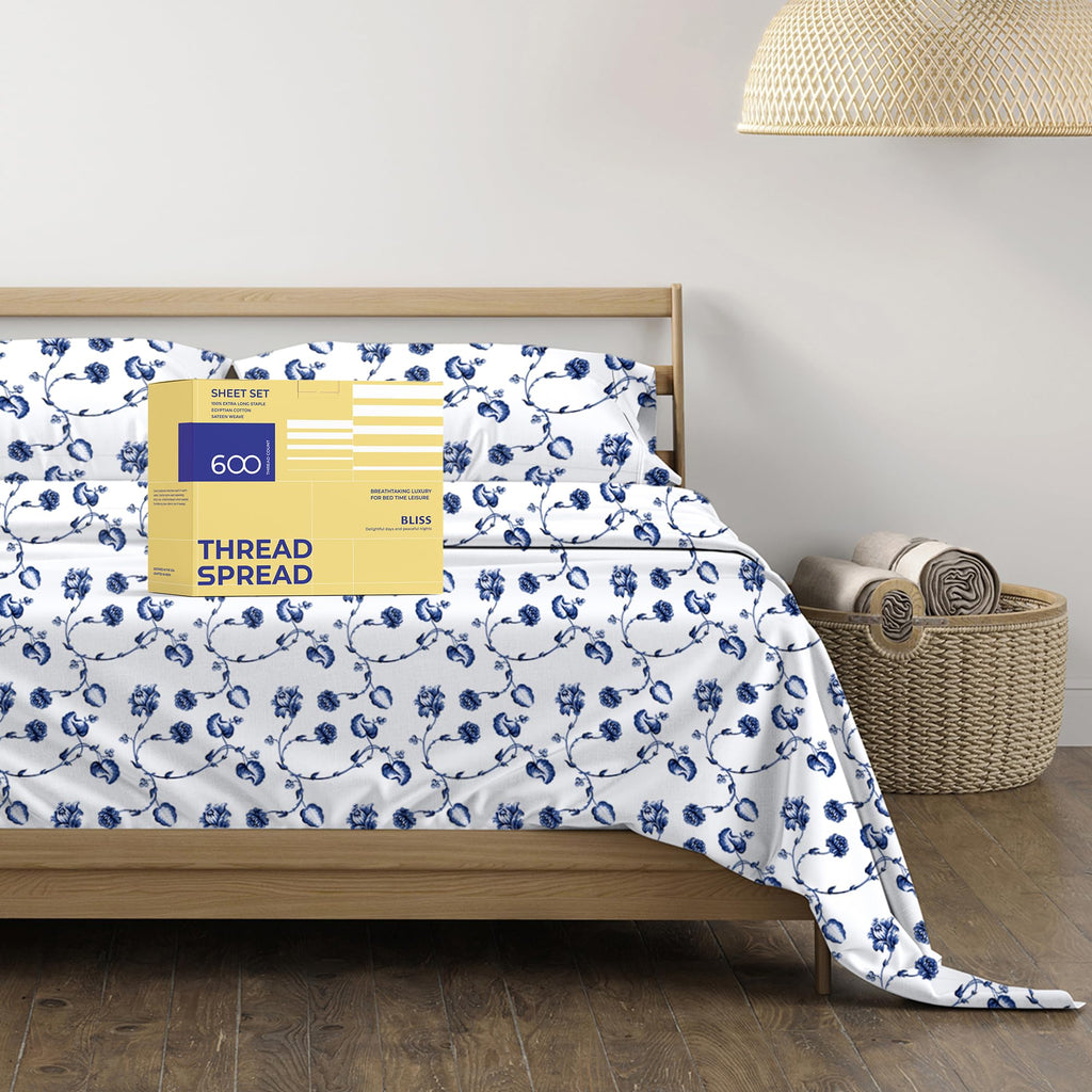 Thread Spread 100% Egyptian Cotton Printed Bed Sheets - 600 Thread Count 4 Pc California King Sheet Set, Hotel Luxury Bedsheets, 16' Deep Pocket Cooling Sheets For Cal King Size Bed - Floral Blue