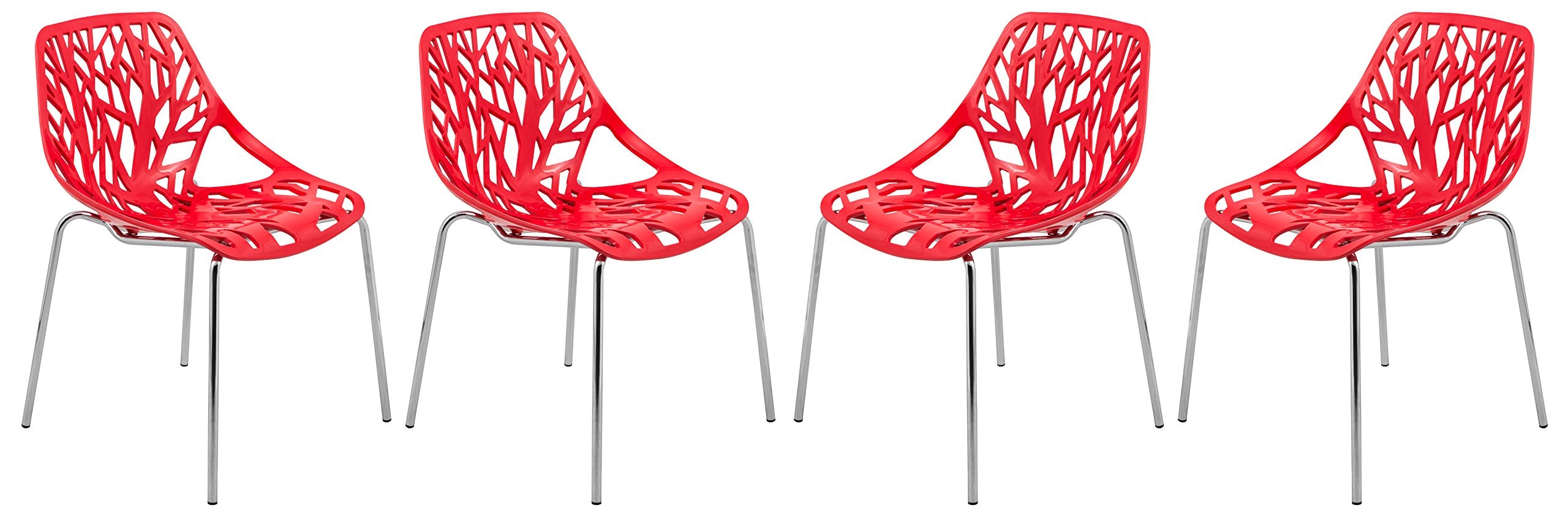 LeisureMod Modern Asbury Dining Chair with Chromed Legs (Set of 4), Red