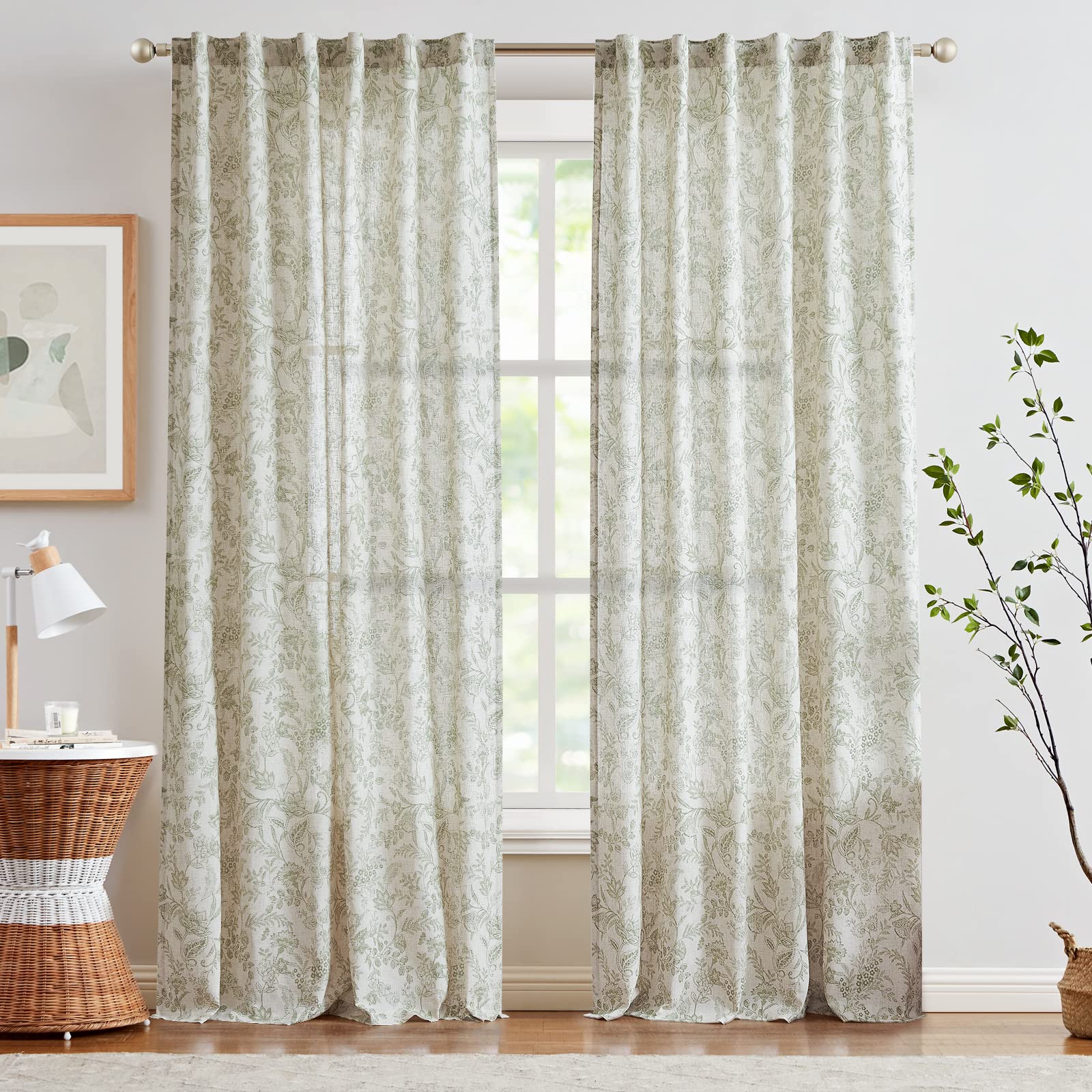 Lazzzy Green Floral Linen Farmhouse Curtains 108 Inches Long Back Tab Drapes For Living Room Bedroom Light Filtering Country Vin