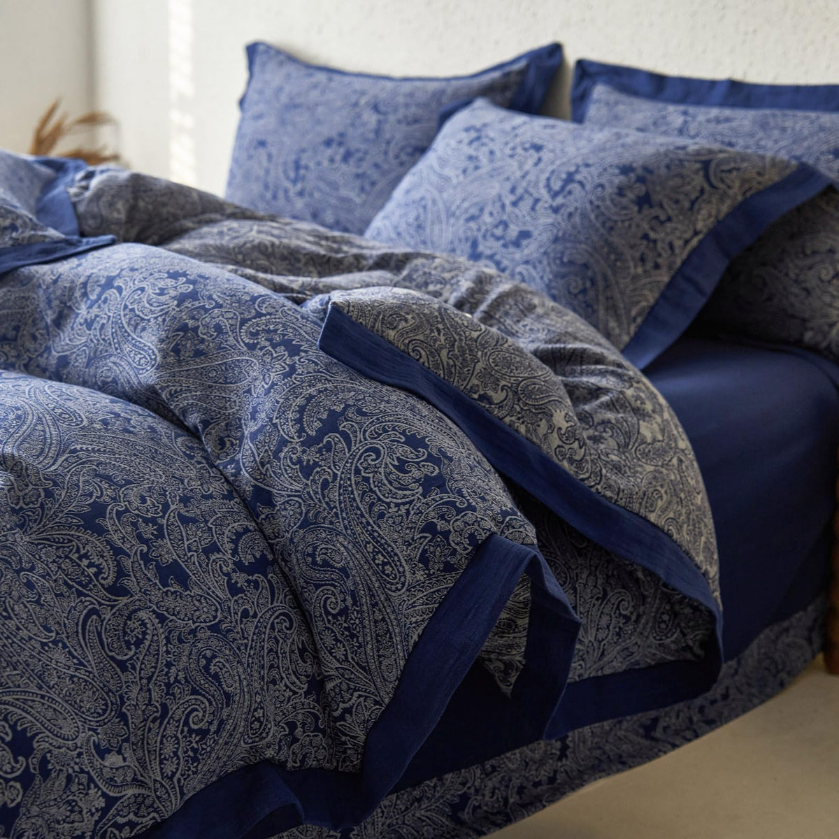 Vm Vougemarket Navy Blue Duvet Cover Queen,3 Pieces Retro Boho Paisley Bedding Set,Linen Cotton Yarn-Dyed Textured Duvet Cover W