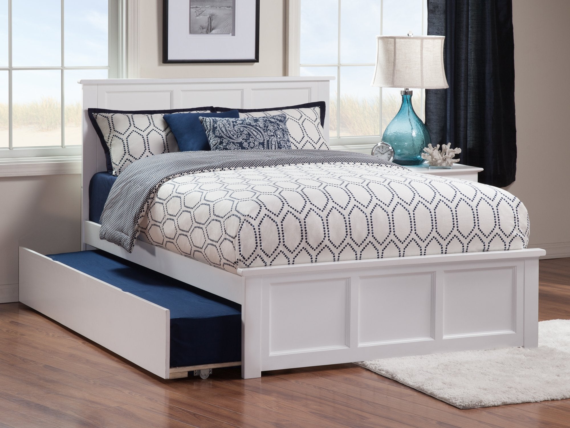 AFI, Madison Full Platform Bed with Matching Footboard, Full Trundle, and Attachable USB Charger, White