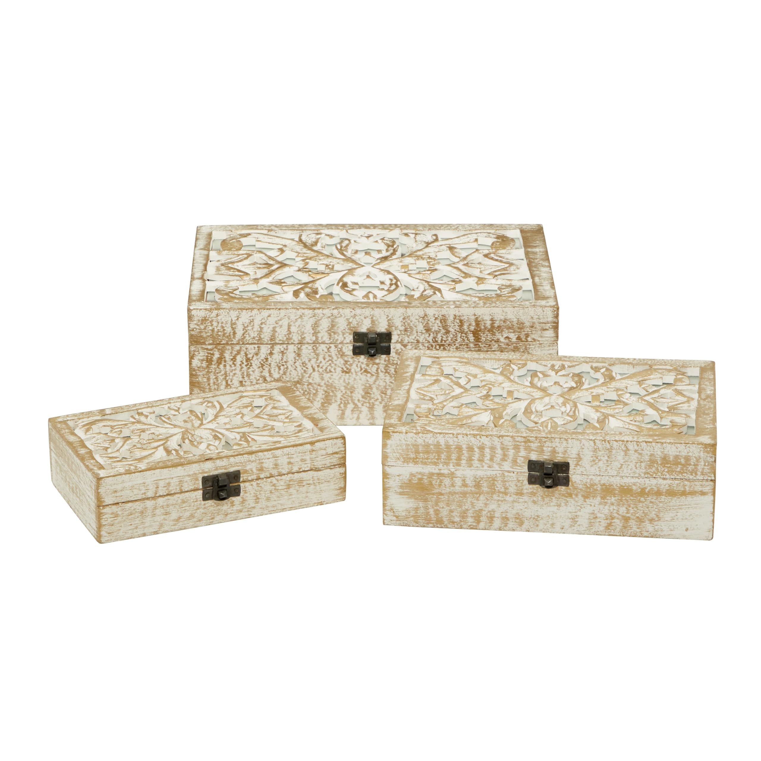 Deco 79 Mango Wood Floral Handmade Decorative Box Decorative Keepsake Boxes with Hinged Lid, Set of 3 Storage Boxes 8'', 10'', 1