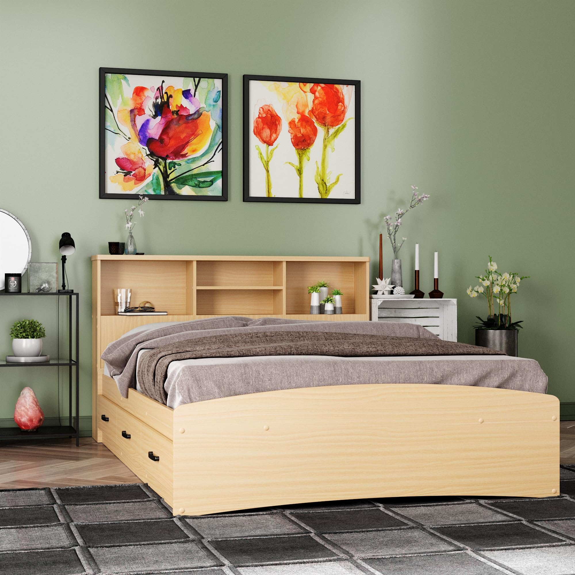 Captain Paltform Bed with 3 Drawers and Bookcase Headboard (Beech, Full)