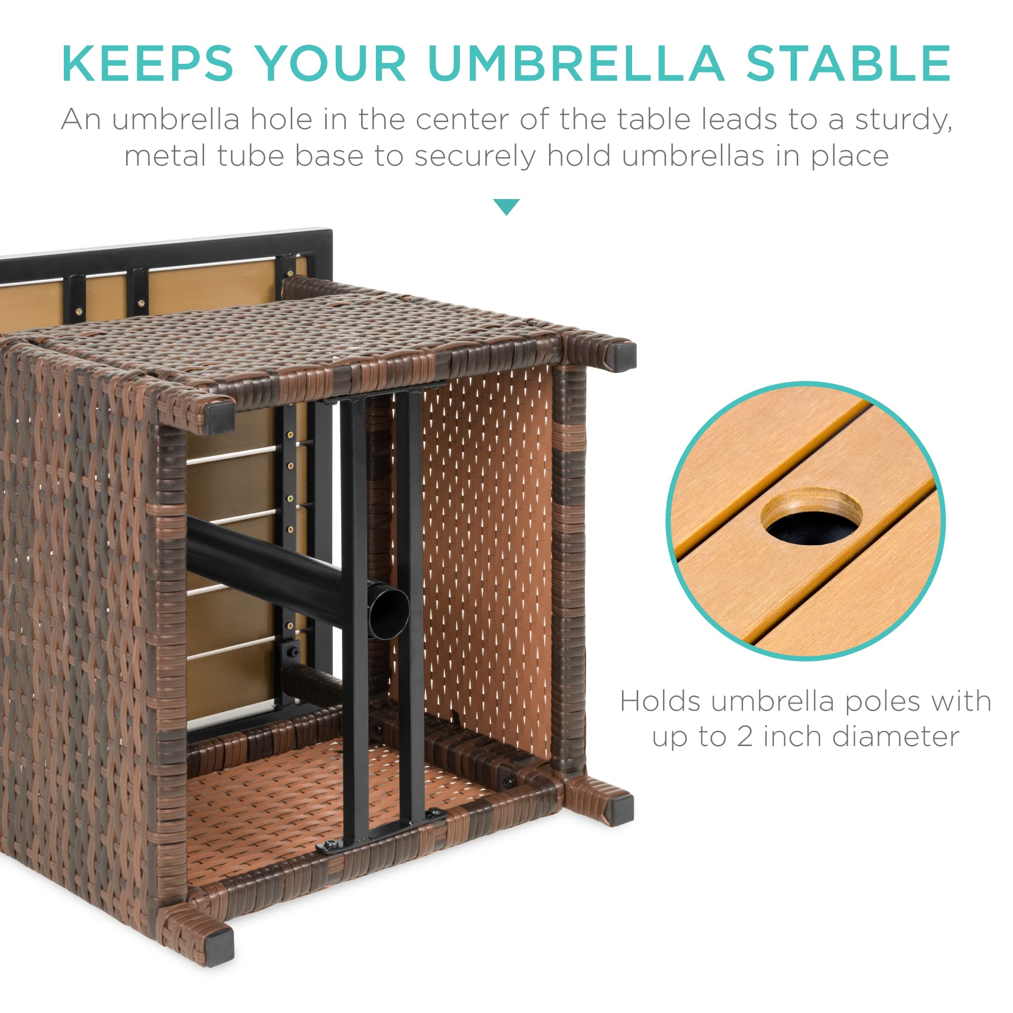 Best Choice Products Wicker Side Table With Umbrella Hole, Square Pe Rattan Outdoor End Table For Patio, Garden, Poolside, Deck W/Uv-Resistant Frame, Storage Space - Brown