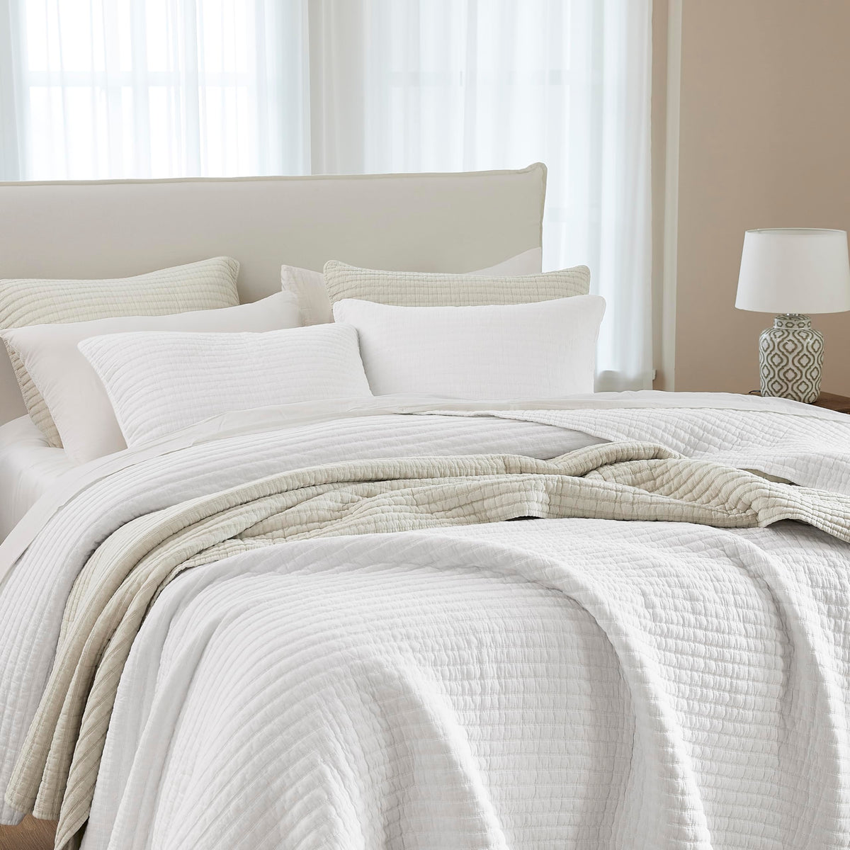 Wdcozy White Muslin Cotton Quilt Bedding Sets Queen Size With 2 Pillow Shams, Shabby Chic Rustic Textured Gauze Lightweight Coun