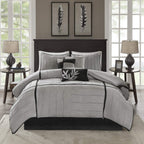 Madison Park Cozy Comforter Set Casual Blocks Design All Season, Matching Bed Skirt, Decorative Pillows, Queen(90'X90'), Dune Suede, Black Grey, 7 Piece