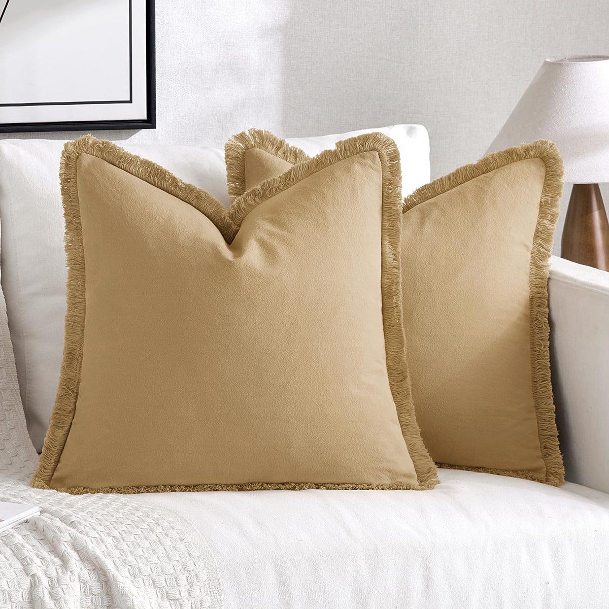 Miulee Throw Pillow Covers 24X24 Set Of 2 Khaki Pillow Covers With Fringe Chic Cotton Decorative Pillows Square Cushion Covers F