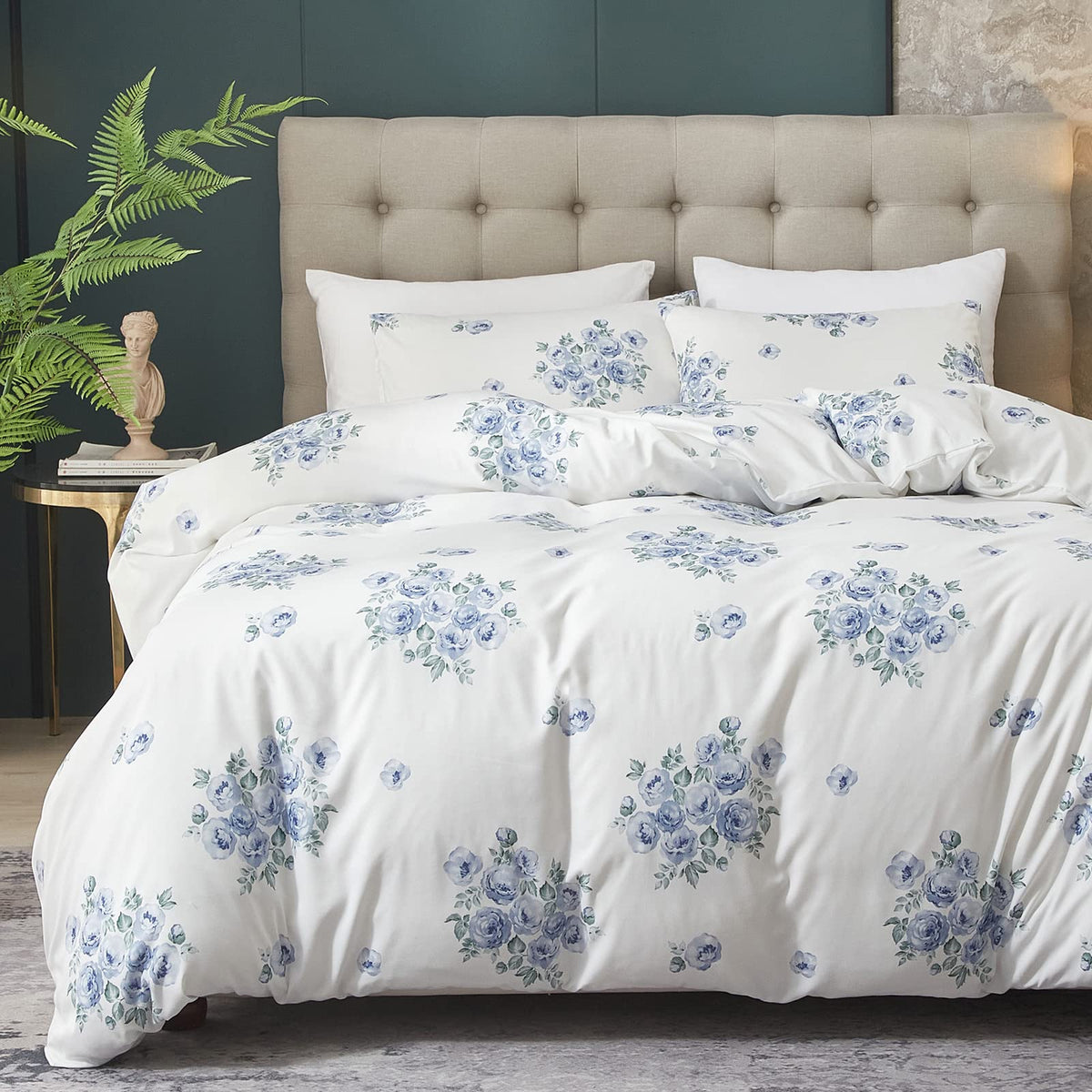 Hyprest Floral Duvet Cover Set Queen Size, 3 Pieces Blue Floral Farmhouse Duvet Cover Set- Soft, Lightweight & Breathable, Stand