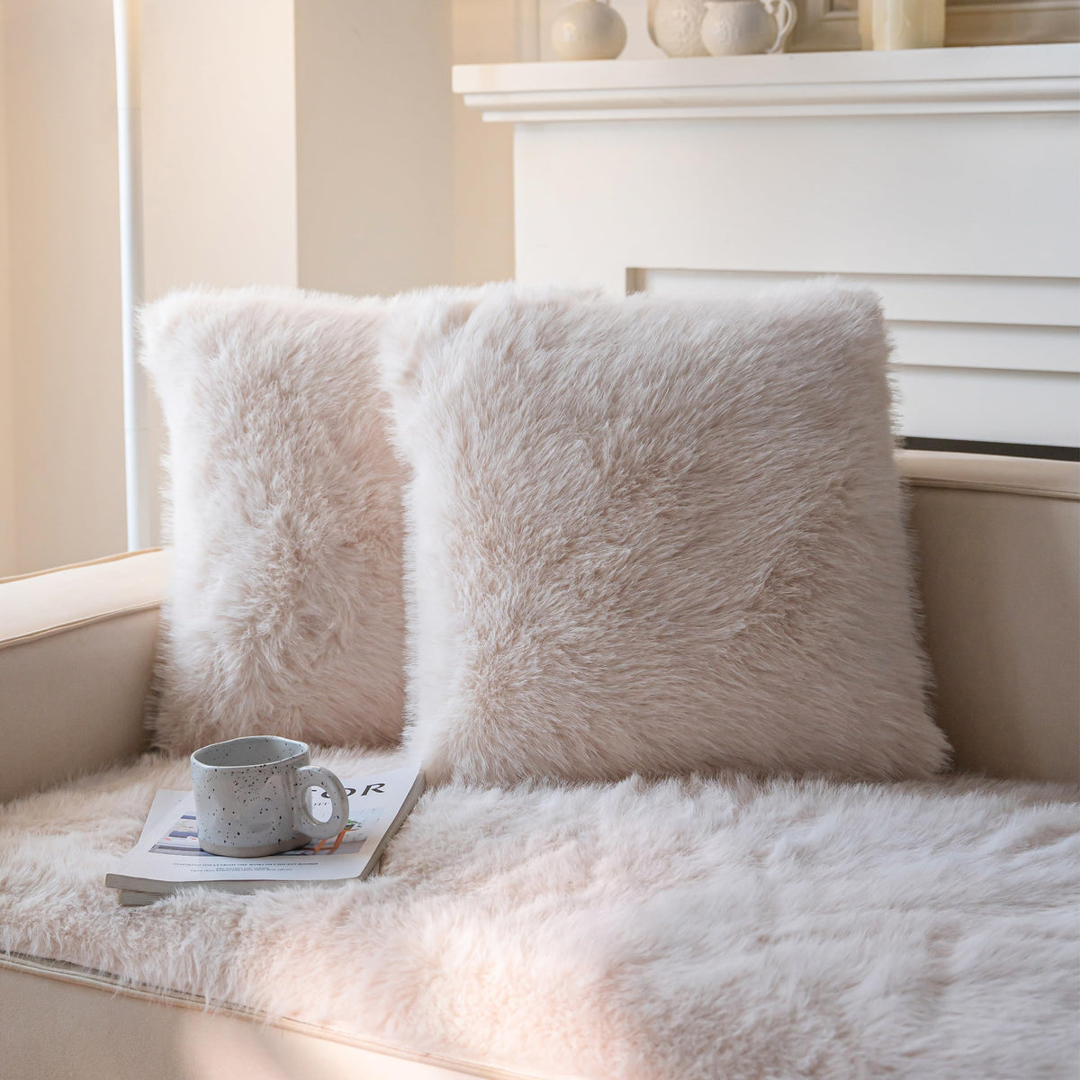 Neelvin Beige Faux Fur Cozy Fluffy Double-Sided Decorative Throw Pillow Covers 20X20 Inch Set Of 2,Velvet Pillowcase Cushion Cas