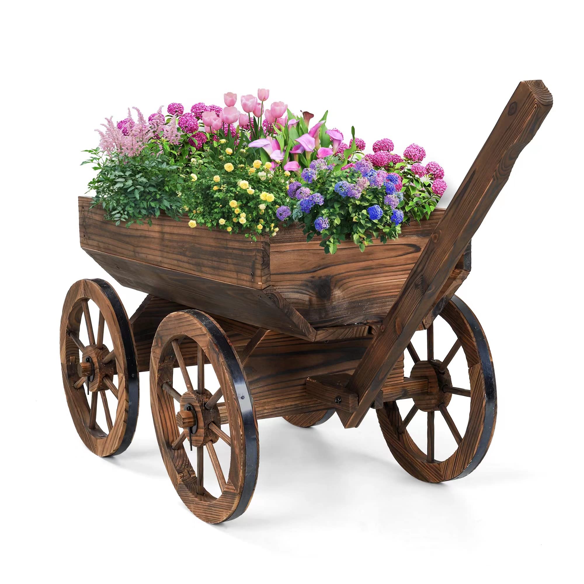 Oiprtgfj Wood Wagon Planter For Outdoor Balcony Decor - Garden Rustic Wooden Flower Cart With Wheels For Outside Garden Decor Wh