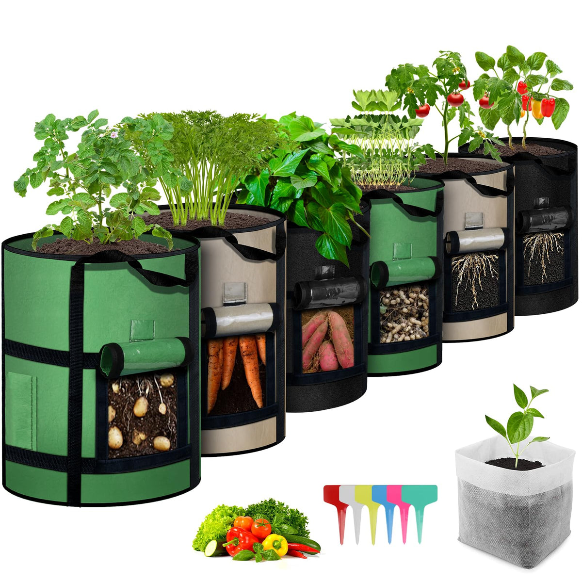 Mekolife Grow Bags 6Pack - 10 Gallon Potato Grow Bags With Window To Harvest, Thickened Fabric Pots With Handles, Garden Bags To
