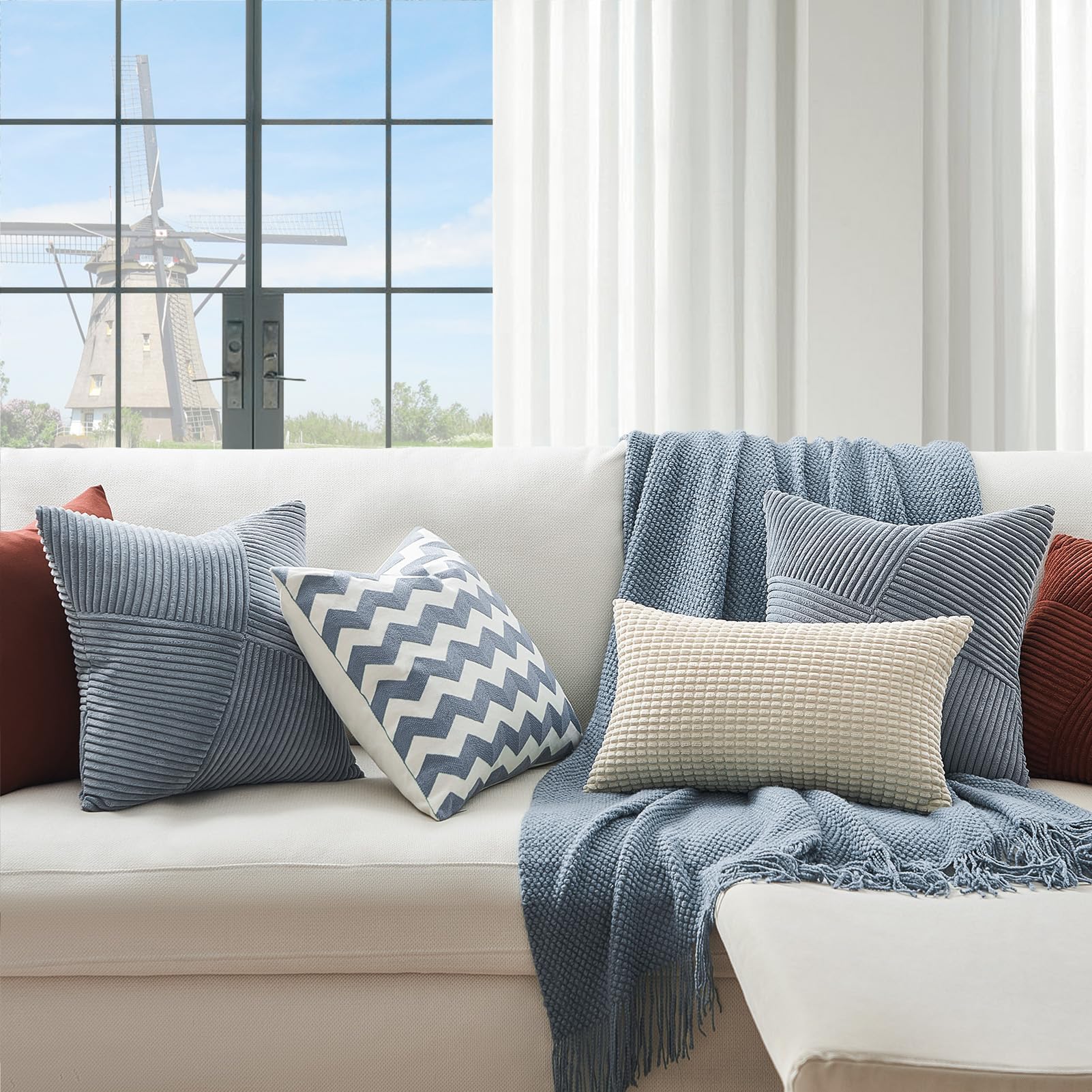 Topfinel Dusty Blue Throw Pillow Covers 18X18 Set Of 2, Soft Corduroy Couch Decorative Pillow Covers Windmill Textured Striped P