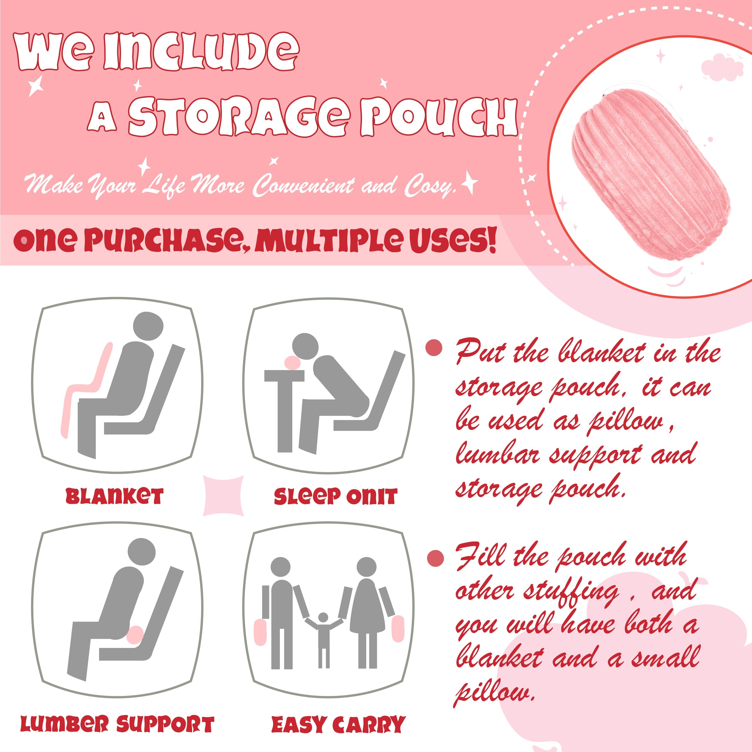 Bnuitland Light Pink Flannel Throw With Storage Pouch,300Gsm Super Soft Fleece Stripe Pattern Sofa Blanket For Adults And Kids,