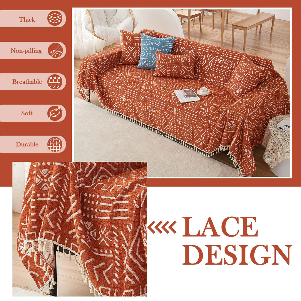 Handontime Boho Aztec Sofa Slipcover For Sofa/Couch Farmhouse Geometric Couch Protector For Dogs With Tassel Brick Orange Couch Covers Sofa Cover For Dogs Cats Kids Bohemian Sofa Décor, 71' X150'