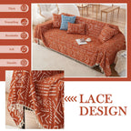Handontime Boho Aztec Sofa Slipcovers For Sofa/Couch Farmhouse Geometric Couch Protector For Dogs With Tassel Brick Orange Dog Couch Cover Sectional Sofa Cover Bohemian Decor For Sofa, 71' X118'