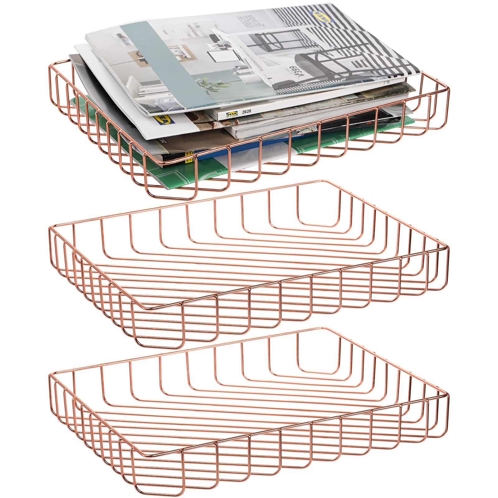 Okllen 3 Pack Wire File Tray, Rose Gold Paper Tray Desk Letter Tray, Office Large Documents Tray Magazine Files Storage Basket O