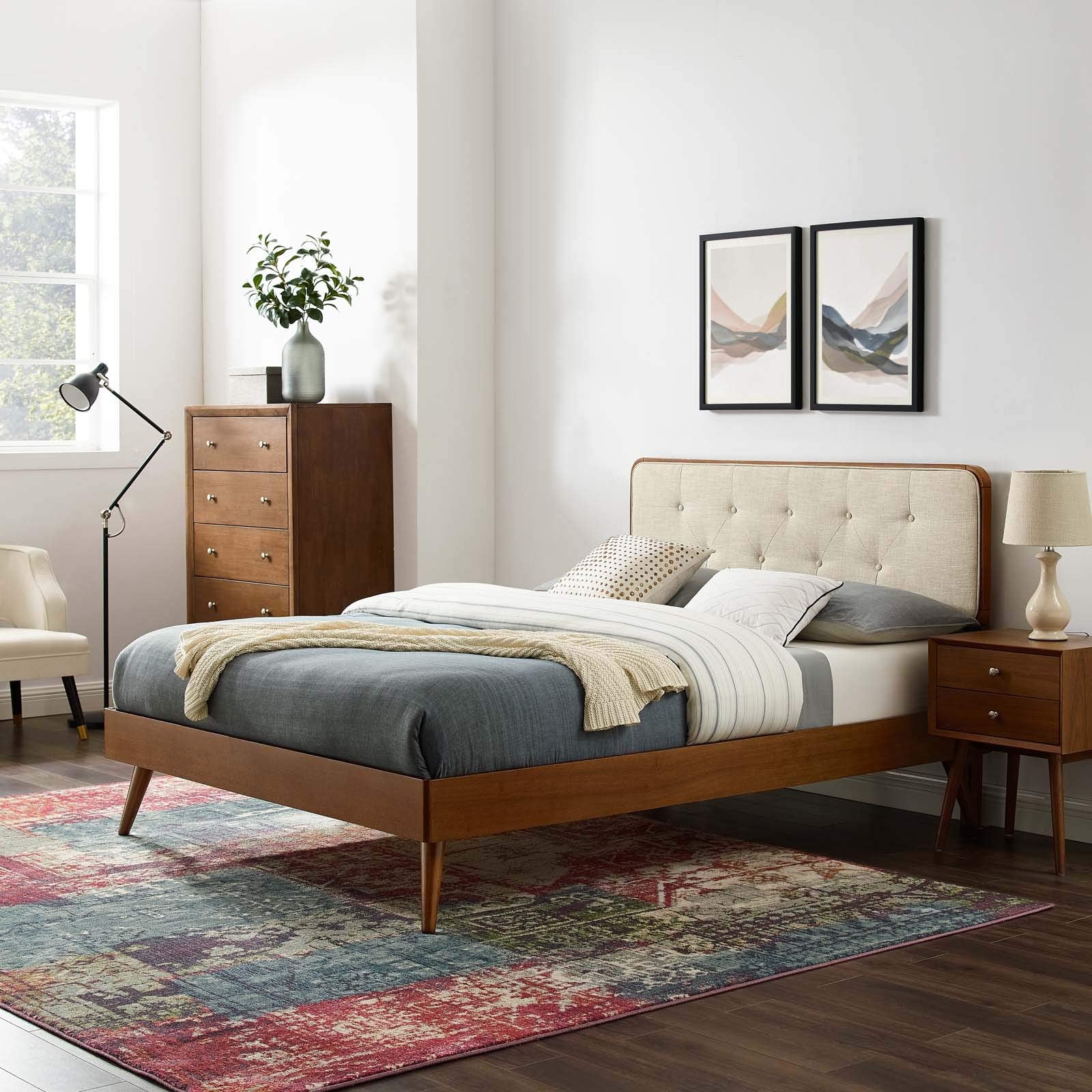 Modway Mod-6646-Wal-Bei Bridgette Full Wood Platform Bed With Splayed Legs, Walnut Beige