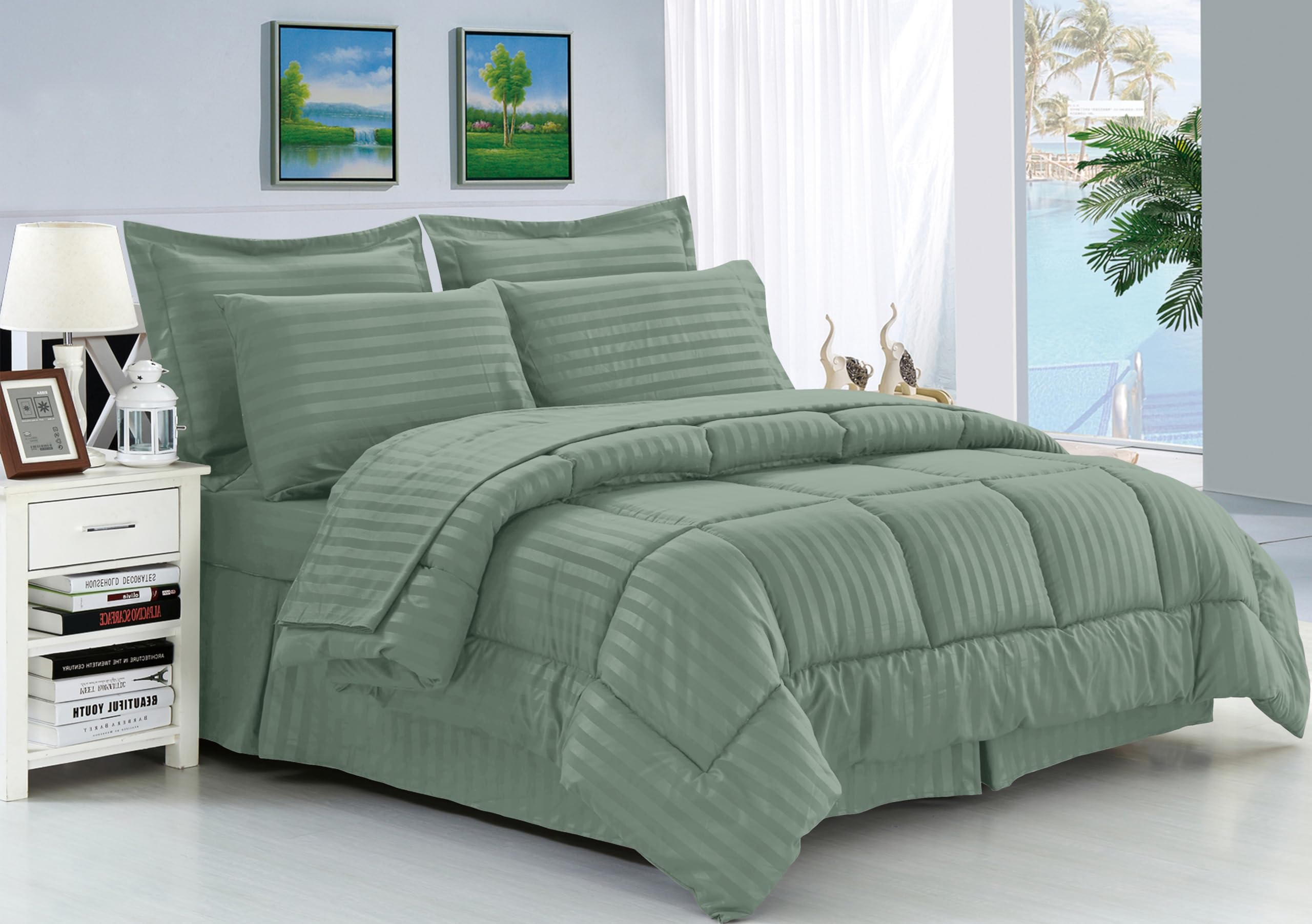 Elegant Comfort Silky Soft 8-Piece Dobby Stripe Bed-In-A-Bag Comforter Set, Includes 4Pc Smart Sheet Set, Bed Skirt, Comforter, Matching Pillowcases And Shams - Full/Queen, Smoke Green
