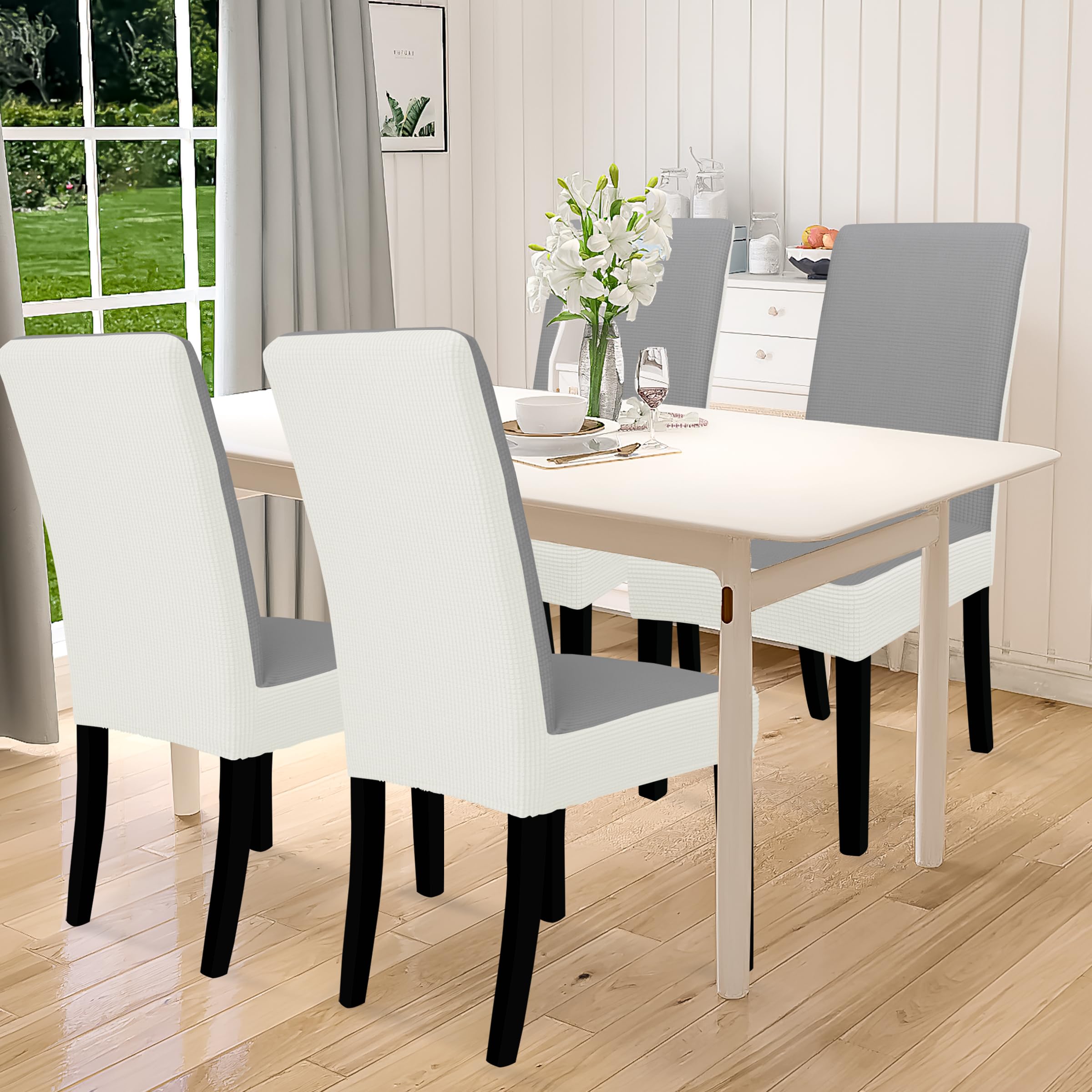 Easy-Going 100% Waterproof Dining Room Chair Cover Set Of 4, Stretch Jacquard Parson Chair Slipcover Removable Washable Chair Protector For Home, Restaurant, Banquet (Xlarge, Light Gray/Cream)