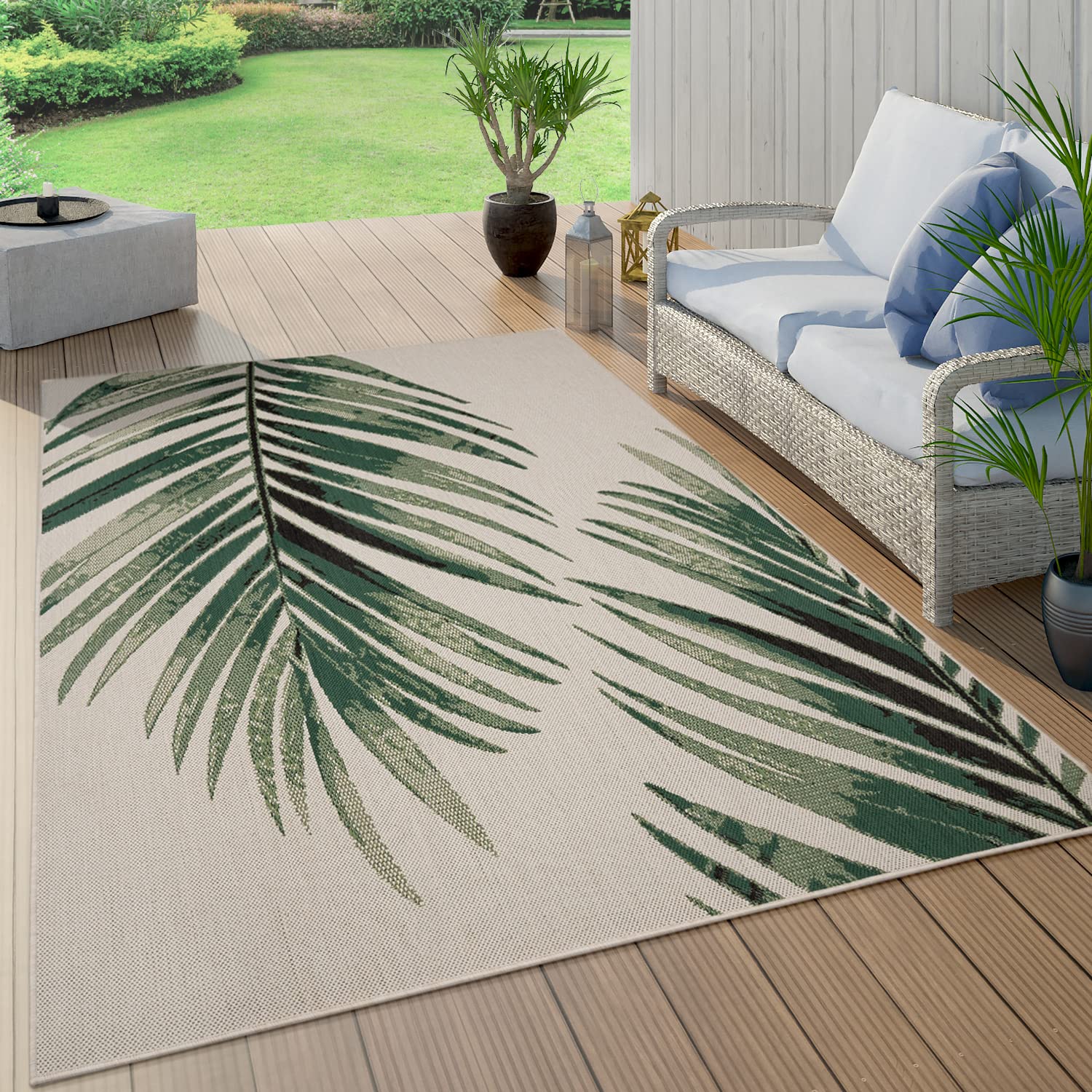 Outdoor Rug Beige Green With Floral Palm Leaf Design Waterproof, Size: 3'11' X 5'7'