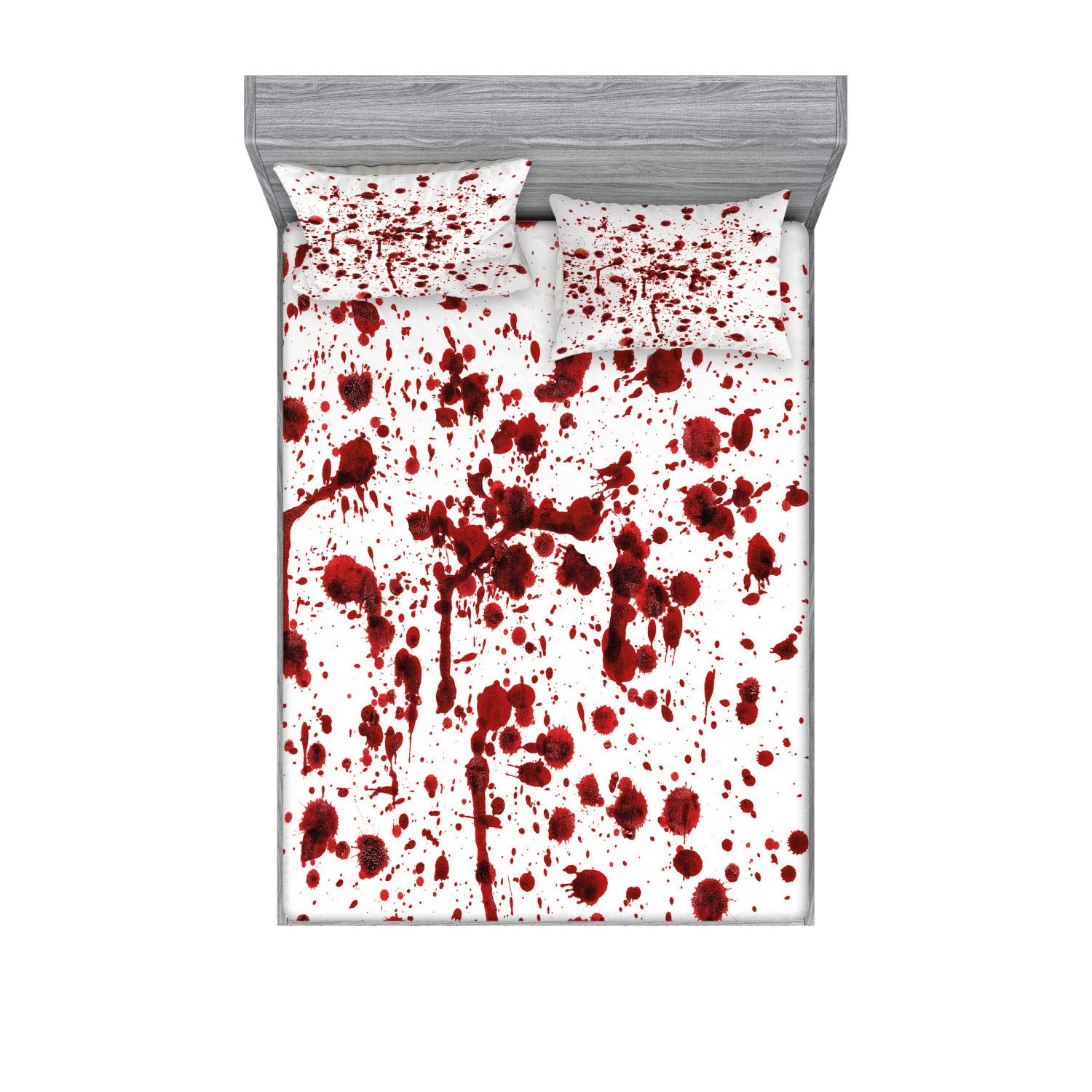 Ambesonne Horror Fitted Sheet & Pillow Sham Set, Splashes of Blood Grunge Style Bloodstain Horror Scary Zombie Halloween Themed 