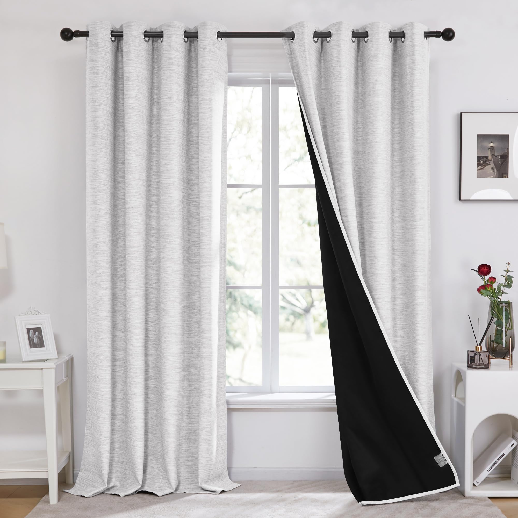 Deconovo Faux Linen Total Blackout Curtains Grommet Noise Reducing Panels With Black Backing, Natural White, 52X96 Inch