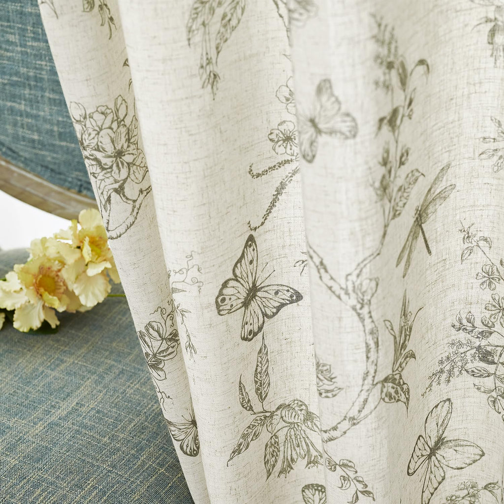 Lazzzy Linen Green Floral Curtains 90 Inch Length Farmhouse Curtain Back Tab Drapes For Living Room Bedroom Light Filtering Vint