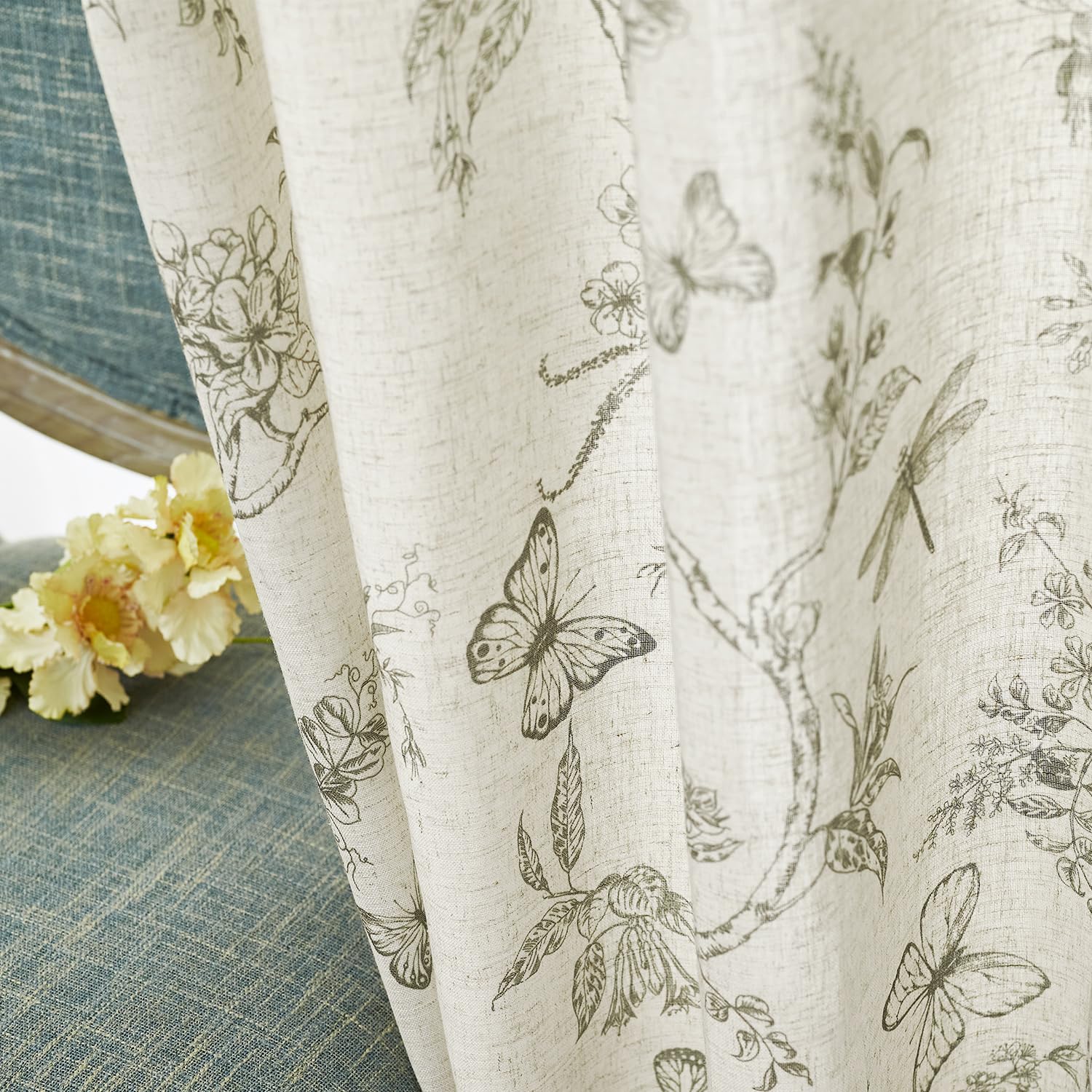 Lazzzy Linen Green Floral Curtains 90 Inch Length Farmhouse Curtain Back Tab Drapes For Living Room Bedroom Light Filtering Vint