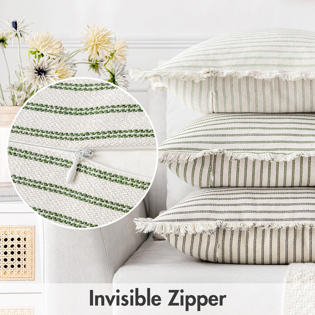 Miulee Pack Of 2 Olive Green Pillow Covers 24X24 Inch Striped Farmhouse Couch Spring Throw Pillow Covers With Fringe Chic Linen Decorative Cushion Covers For Sofa Living Room Bed Home Decor