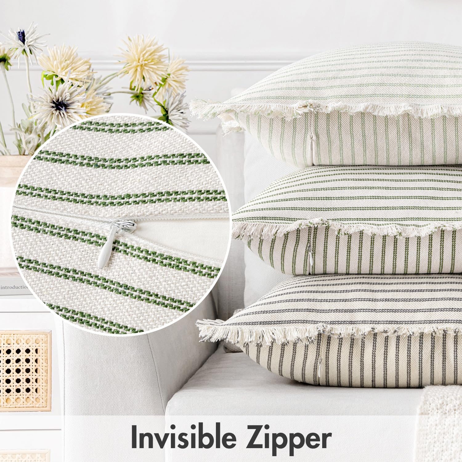 Miulee Pack Of 2 Olive Green Pillow Covers 24X24 Inch Striped Farmhouse Couch Spring Throw Pillow Covers With Fringe Chic Linen Decorative Cushion Covers For Sofa Living Room Bed Home Decor