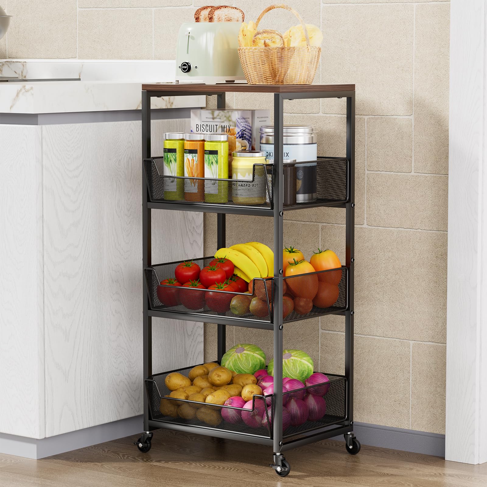 Hapirm Fruit Basket Kitchen Cart - 4-Tier Rolling Storage Cart With Wheels, Fruit Vegetable Basket With Wood Top, Pantry Utility