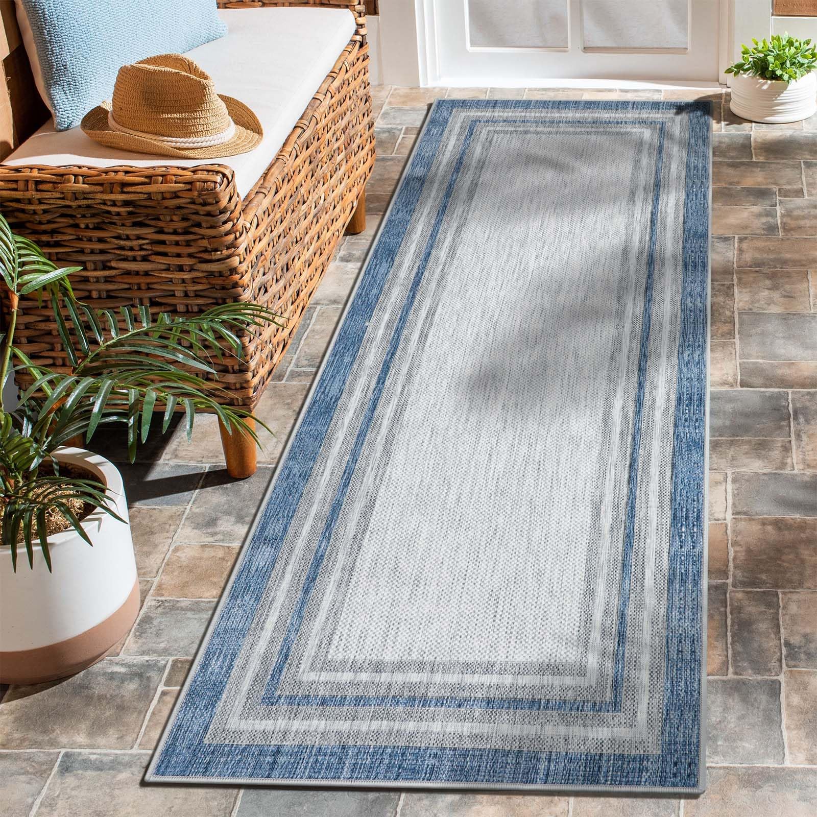 Beeiva Bordered Washable Laundry Room Rug, 2x6 Printed Blue Carpet Kitchen Runner Rugs with Rubber Backing, Modern Rug Runners f