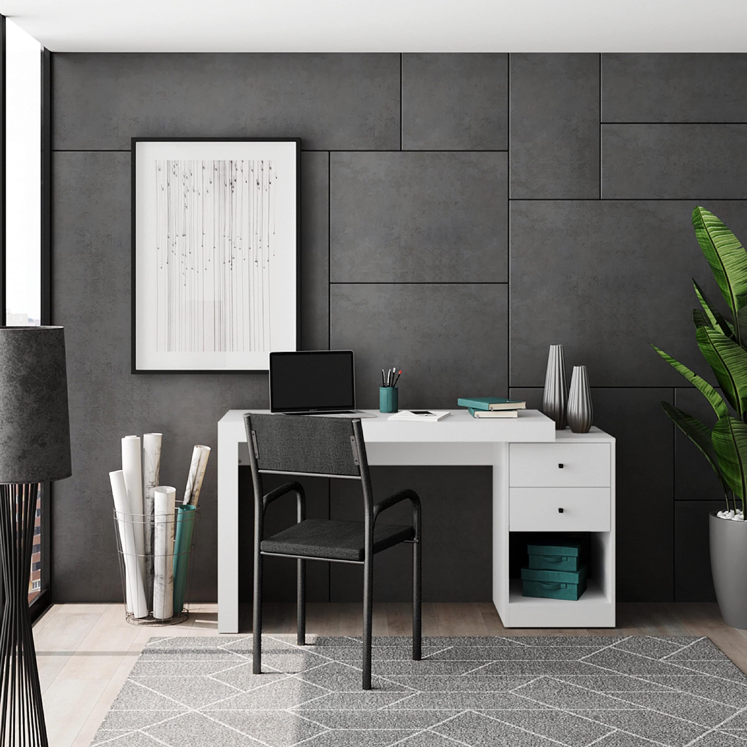 Techni Mobili Expandable Desk With Storage Drawers & Open Shelf - Expands From 47 Inch To 57 Inch - White Computer Desk With Printer Space - Modern Home Office Table With Drawers Blanco Collection