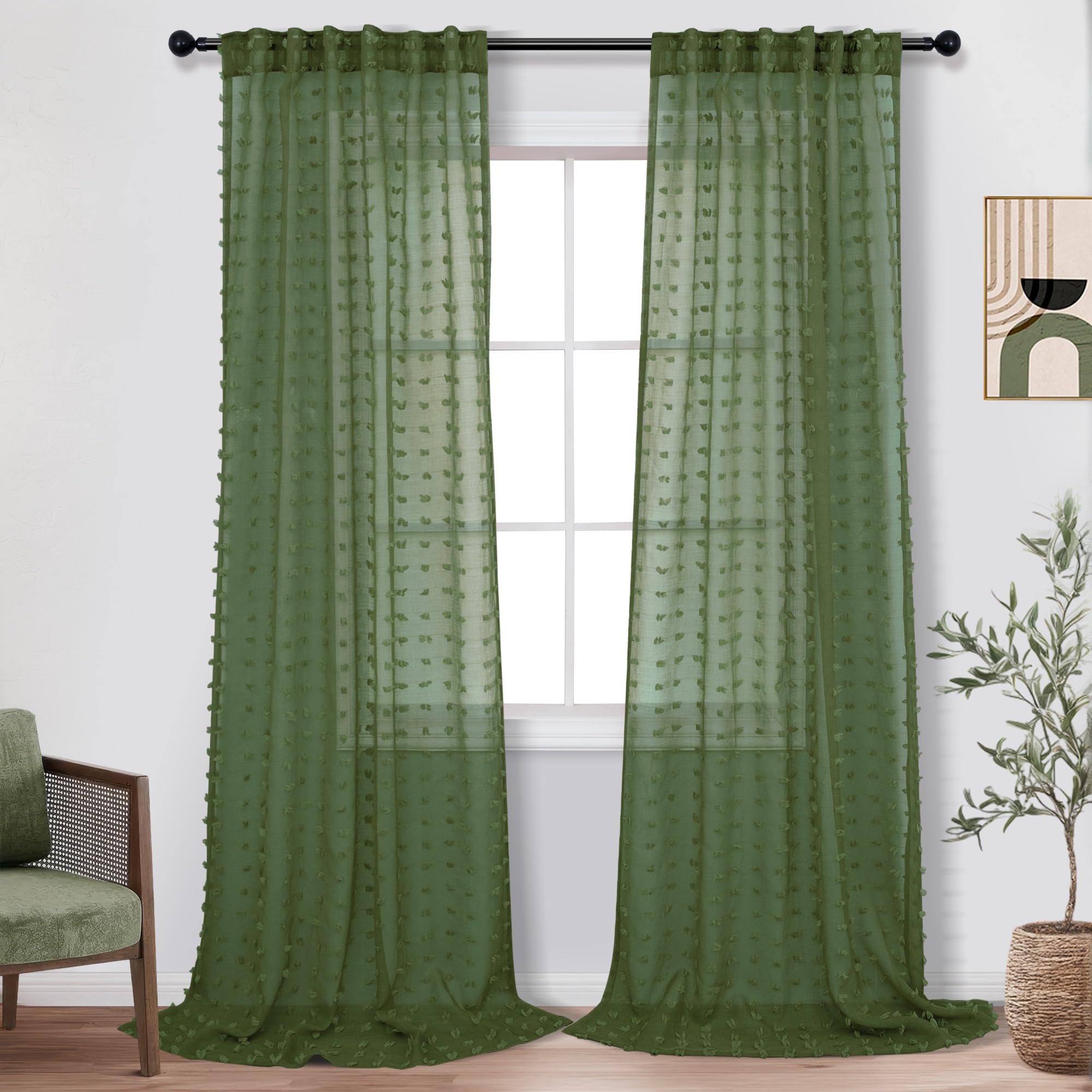 Olive Green Sheer Curtains 108 Inch Long Boho Pom Pom Pattern Design Curtain For Bedroom Living Room Farmhouse Semi Sheer Baby N