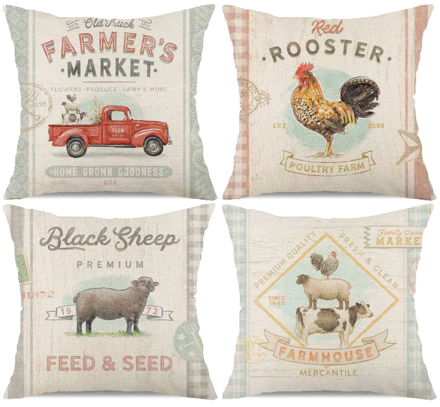 Vintage Farmhouse Animal Pillow Covers 18X18 Set Of 4 Retro Farmer'S Market Truck Rooster Sheep Feed Seed Premium Poultry Farm H
