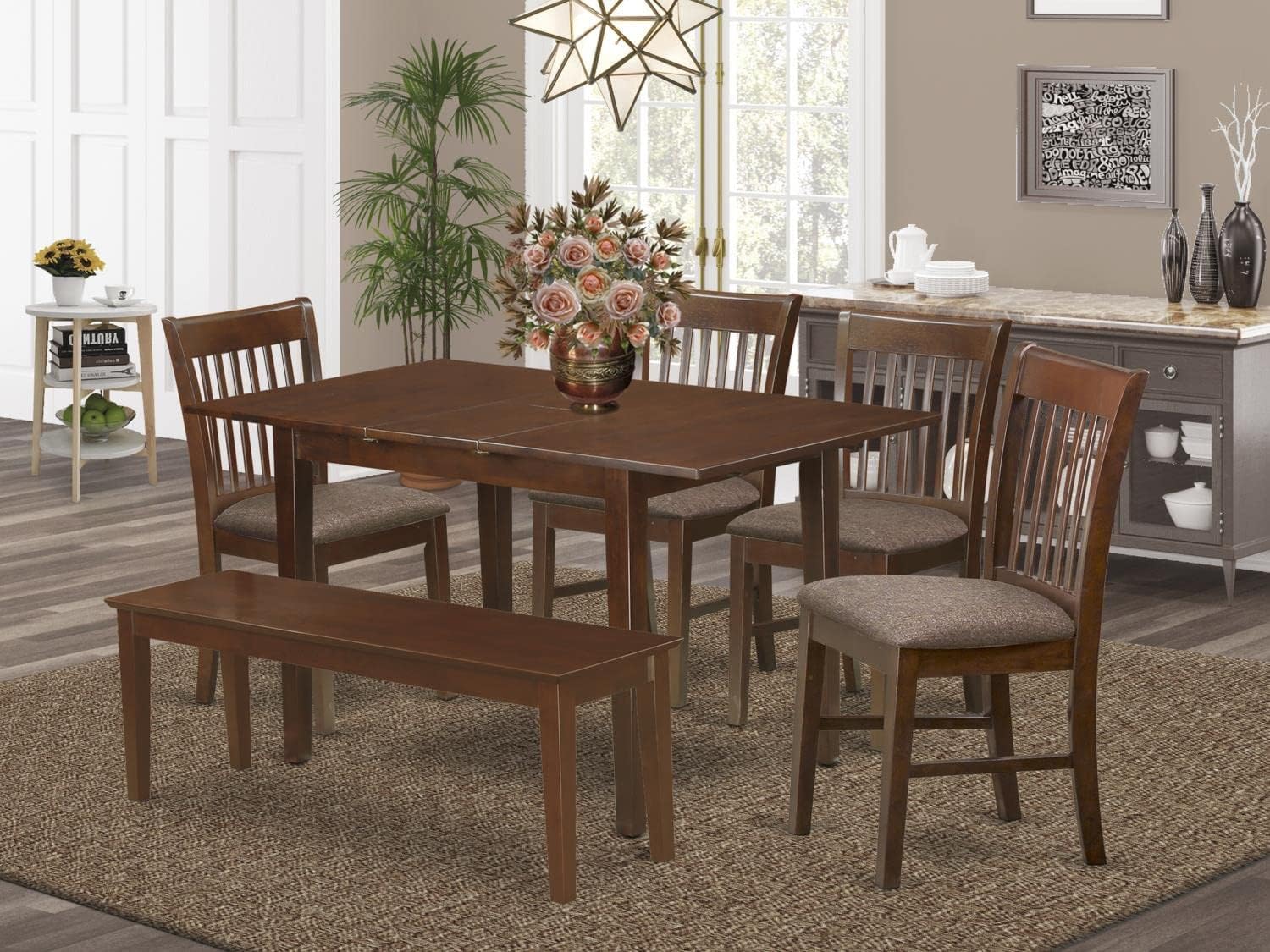 East West Furniture NOFK6C-MAH-C 6 Piece Set Contains a Rectangle Dining Room Table with Butterfly Leaf and 4 Linen Fabric Upholstered Chairs with a Bench, 32x54 Inch