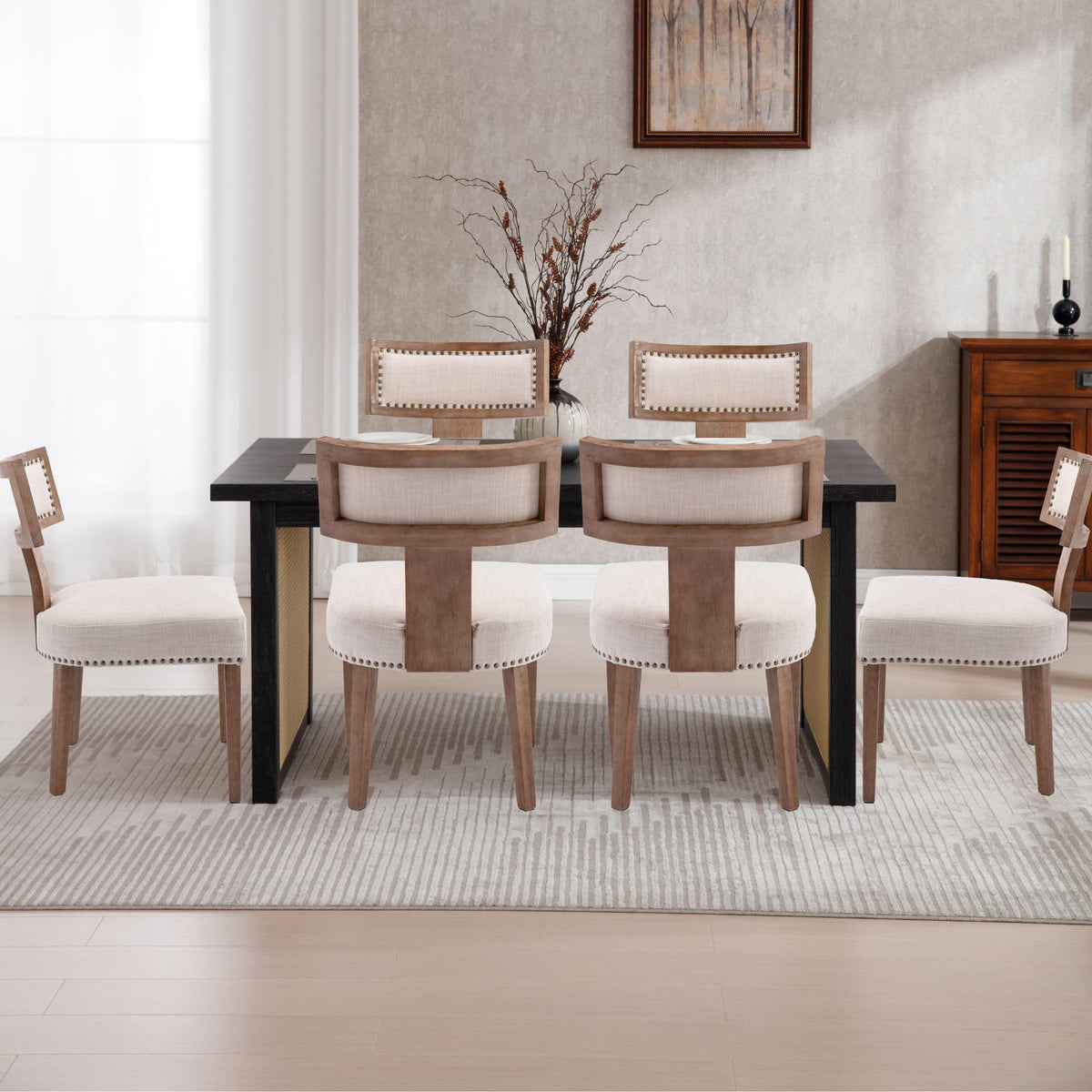 Wahson Set Of 6 Farmhouse Kitchen & Dining Room Chairs With Metal Nailhead Trim, Retro Linen Upholstered Dining Chair With Natur