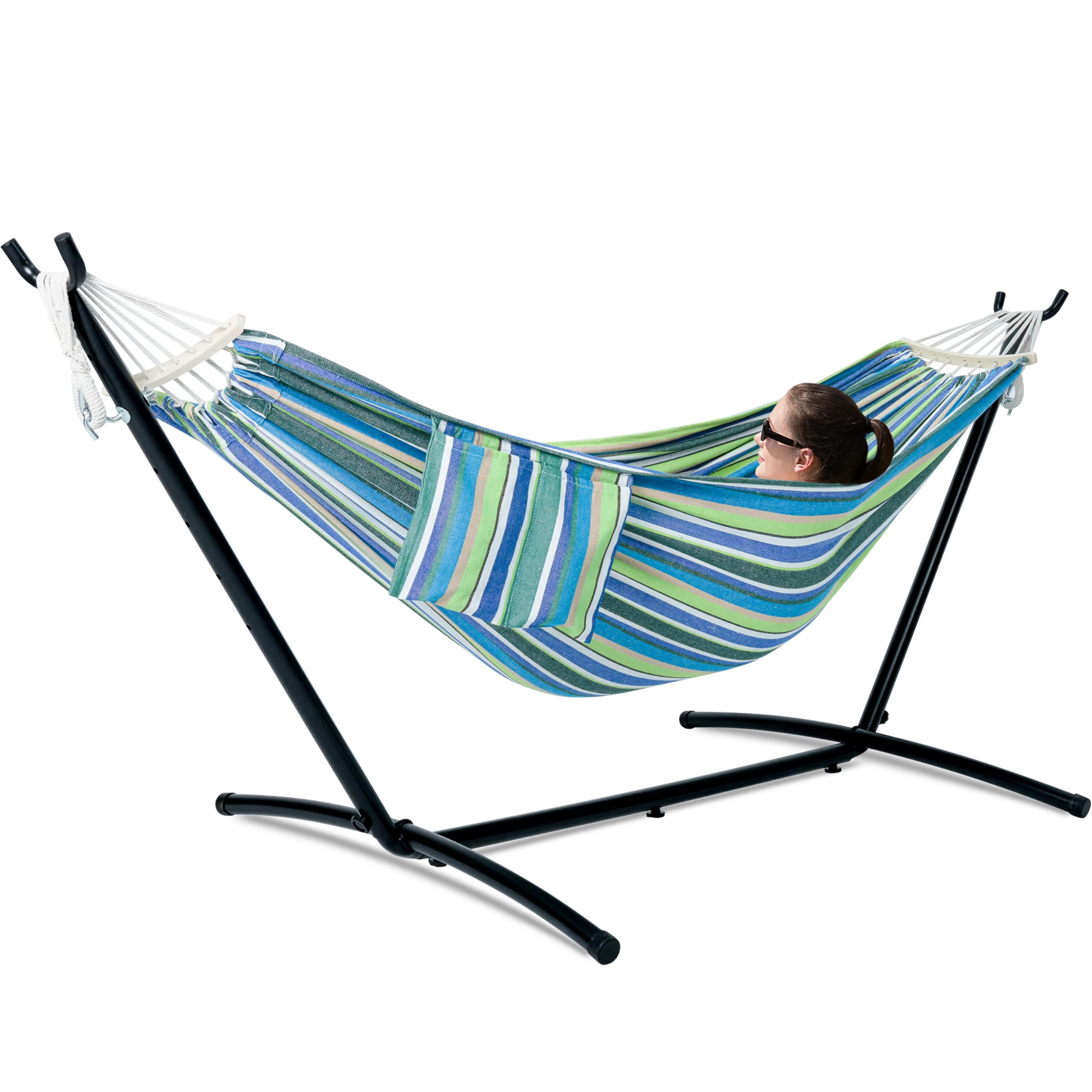 GAFETE Double Hammock with Stand for Outside, Upgraded Spreader Bar, Heavy Duty Space Saving Steel Stand 2 Person, Convenient Po