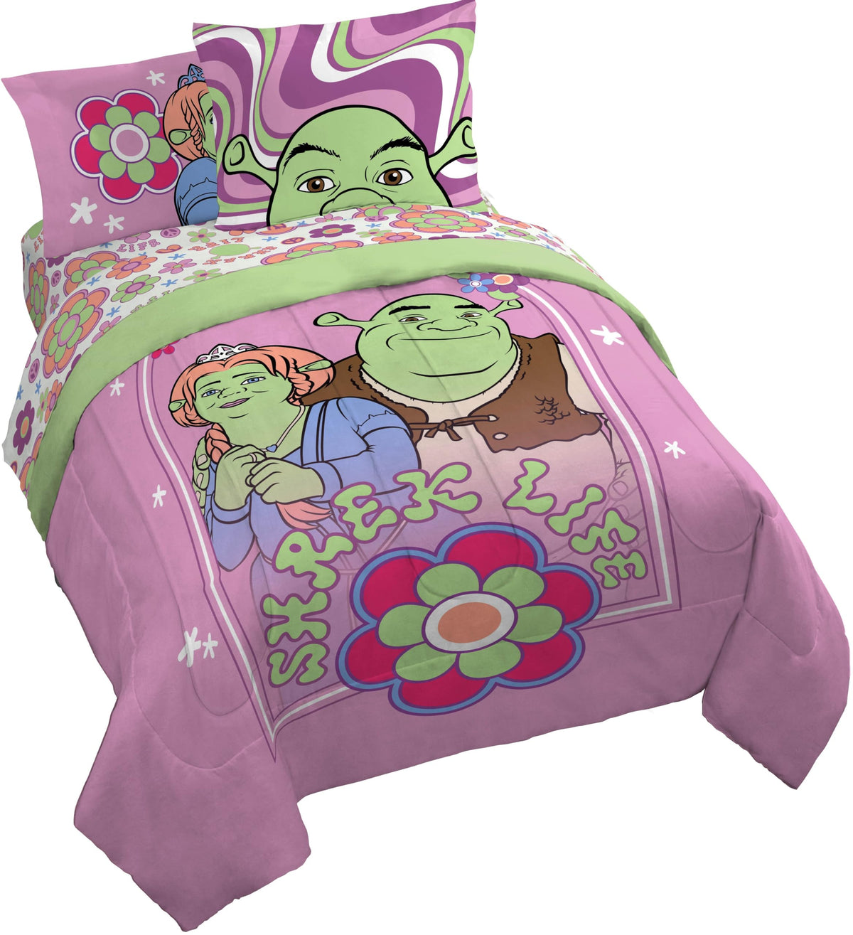 Jay Franco Shrek Queen Size Comforter Set - 7 Piece Floral Bedding Includes Sheet Set & Pillow Covers - Super Soft Cartoon Beddi