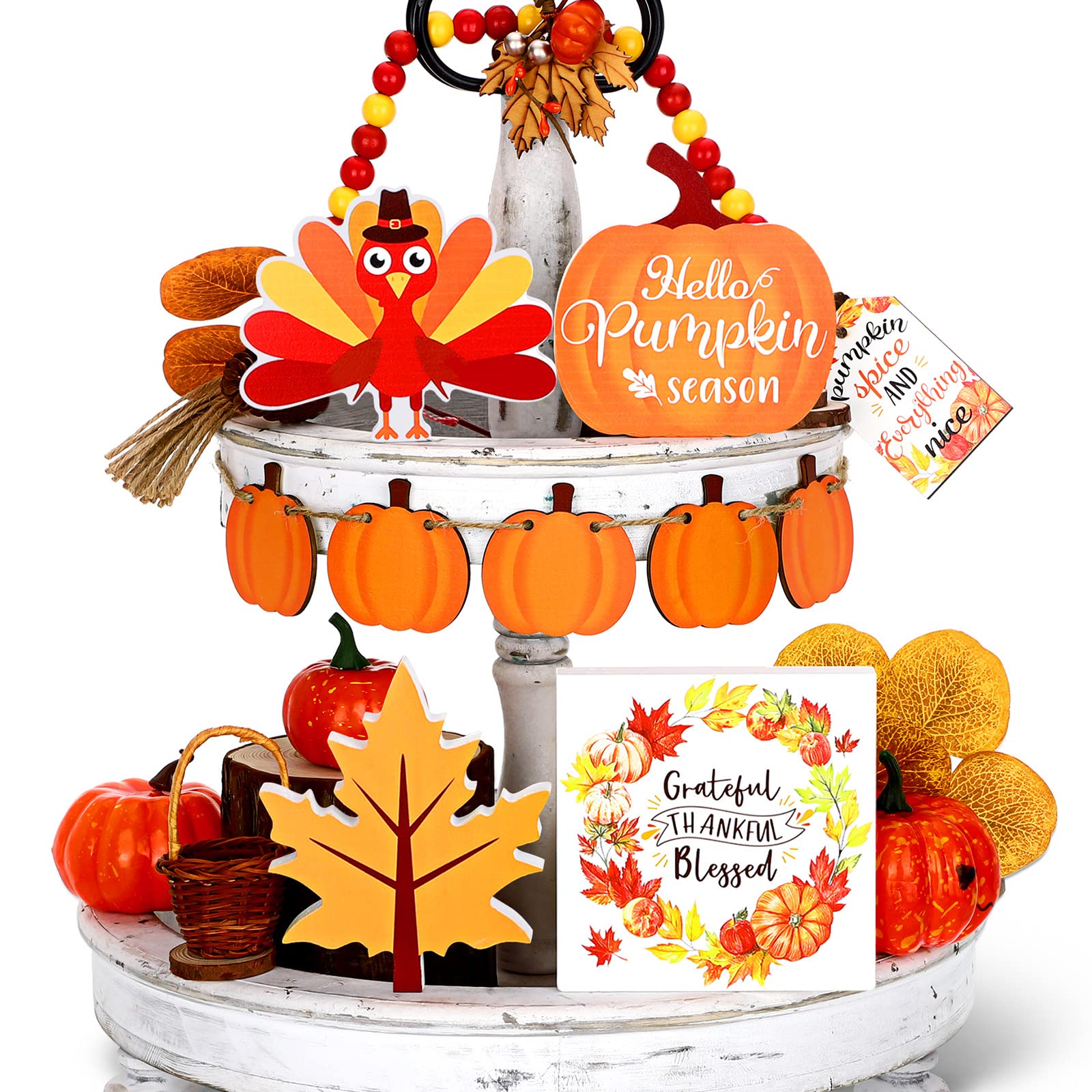 10 Pieces Fall Tiered Tray Decor Rustic Farmhouse Tray Decor Pumpkin Wooden Signs Turkey Table Centerpieces Fall Wood Bead Garla