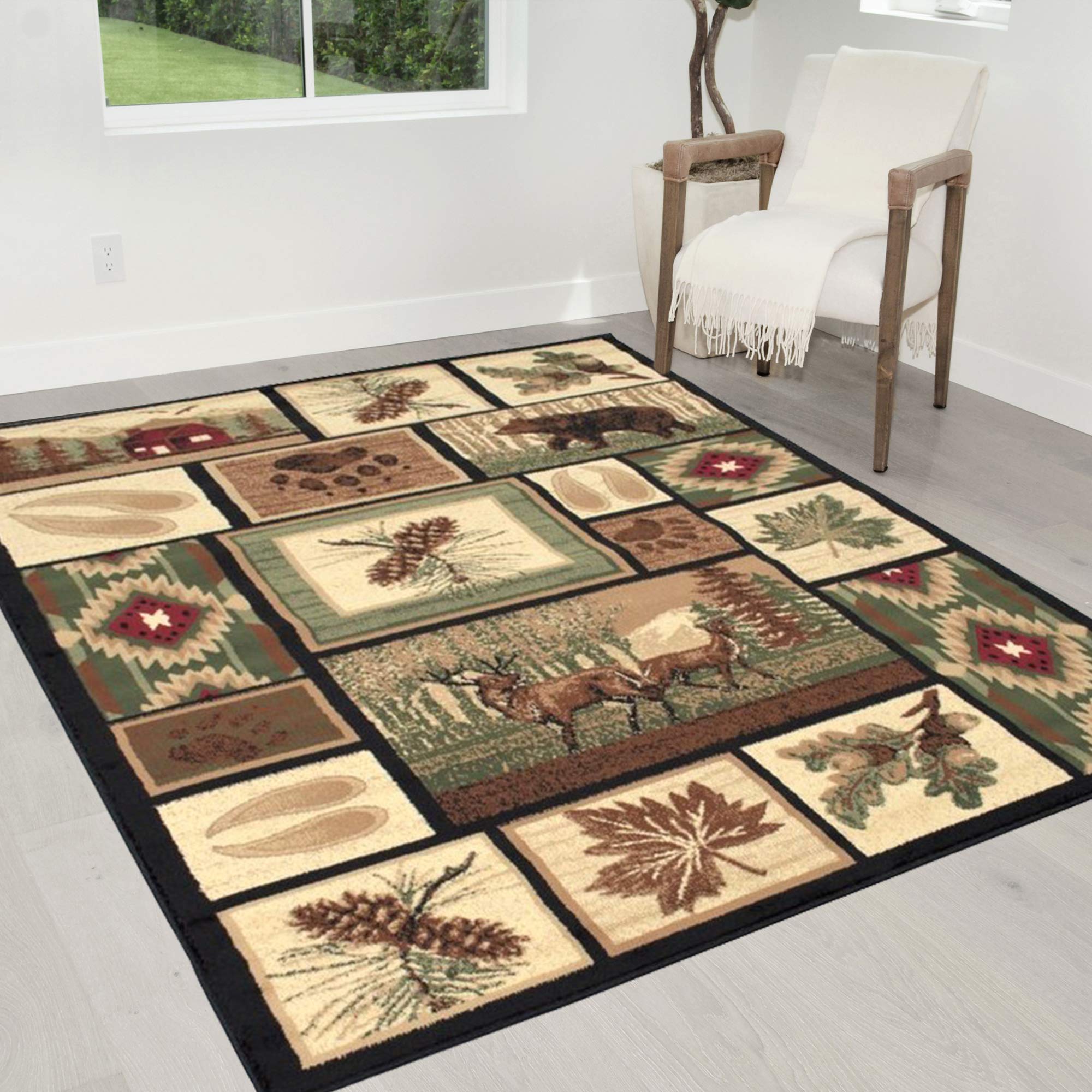 HR Lodge, Cabin Nature and Animals Area Rug- Southwestern Pattern Cabin Area Rug-Abstract, Chocolate Brown/Beige/Green/Red-Bear/