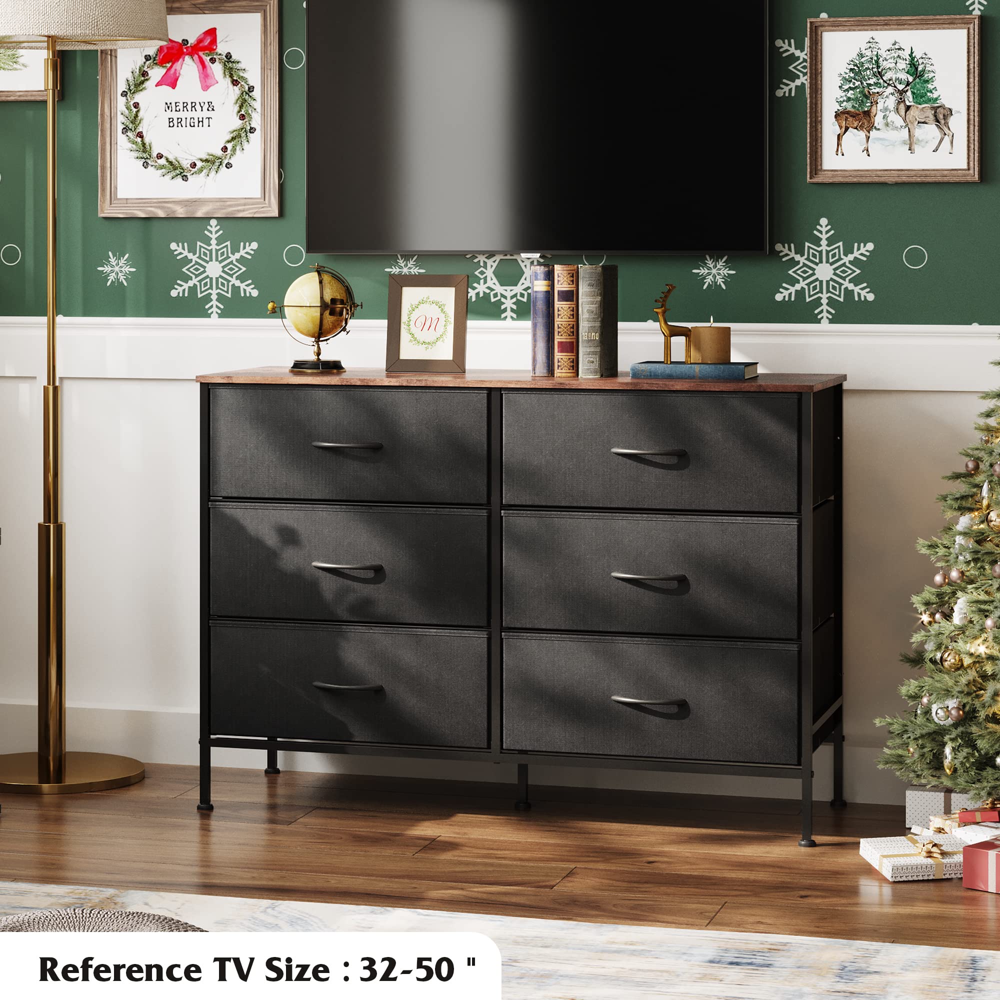 Wlive Wide Dresser With 6 Drawers, Tv Stand For 50 Inches Tv, Entertainment Center With Metal Frame, Wooden Top, Fabric Storage Dresser For Bedroom, Hallway, Entryway, Black And Rustic Brown