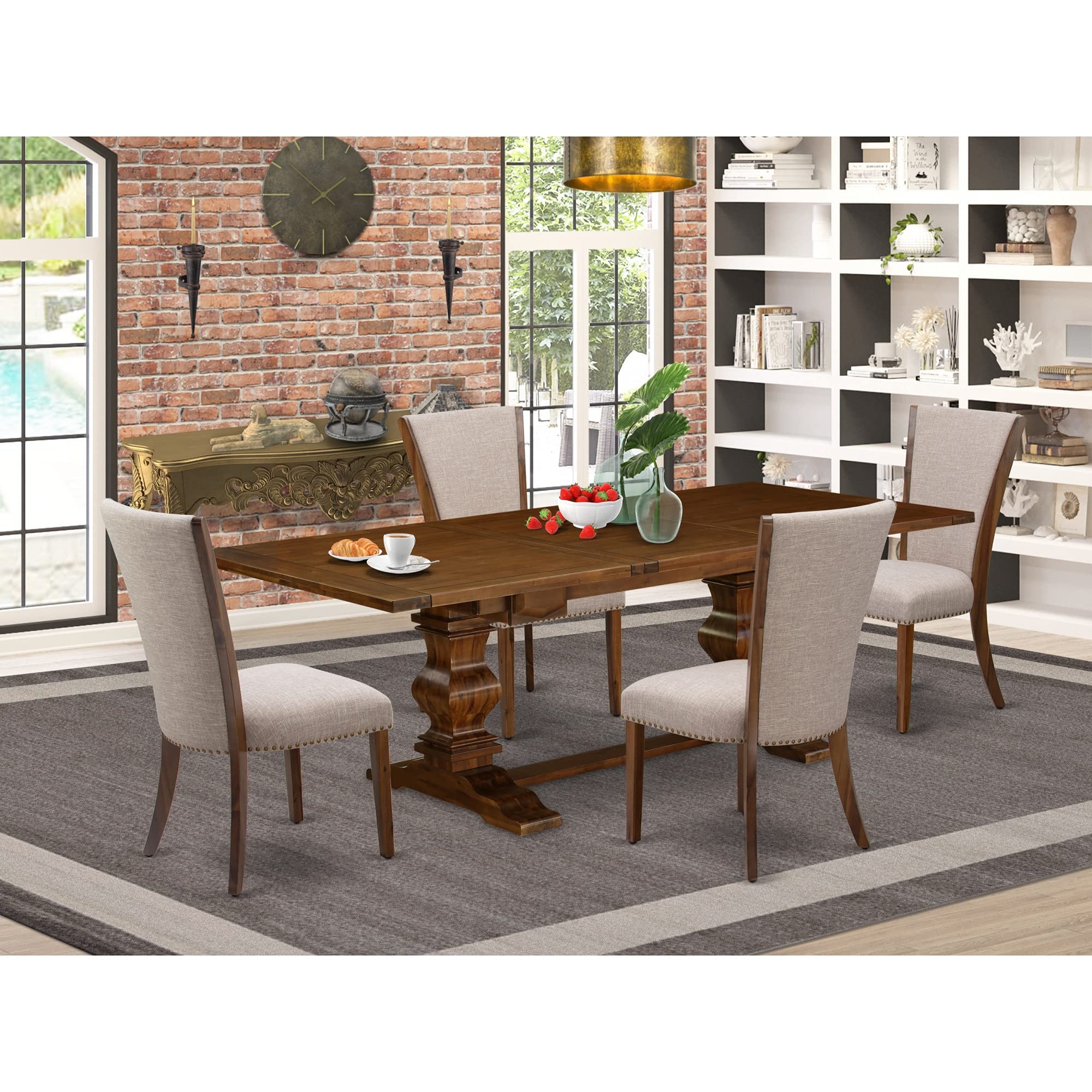 East West Furniture Lave5-88-04 5 Piece Dining Set Includes A Rectangle Dining Room Table With Removable Leaf And 4 Light Tan Linen Fabric Upholstered Chairs, 42X92 Inch, Walnut